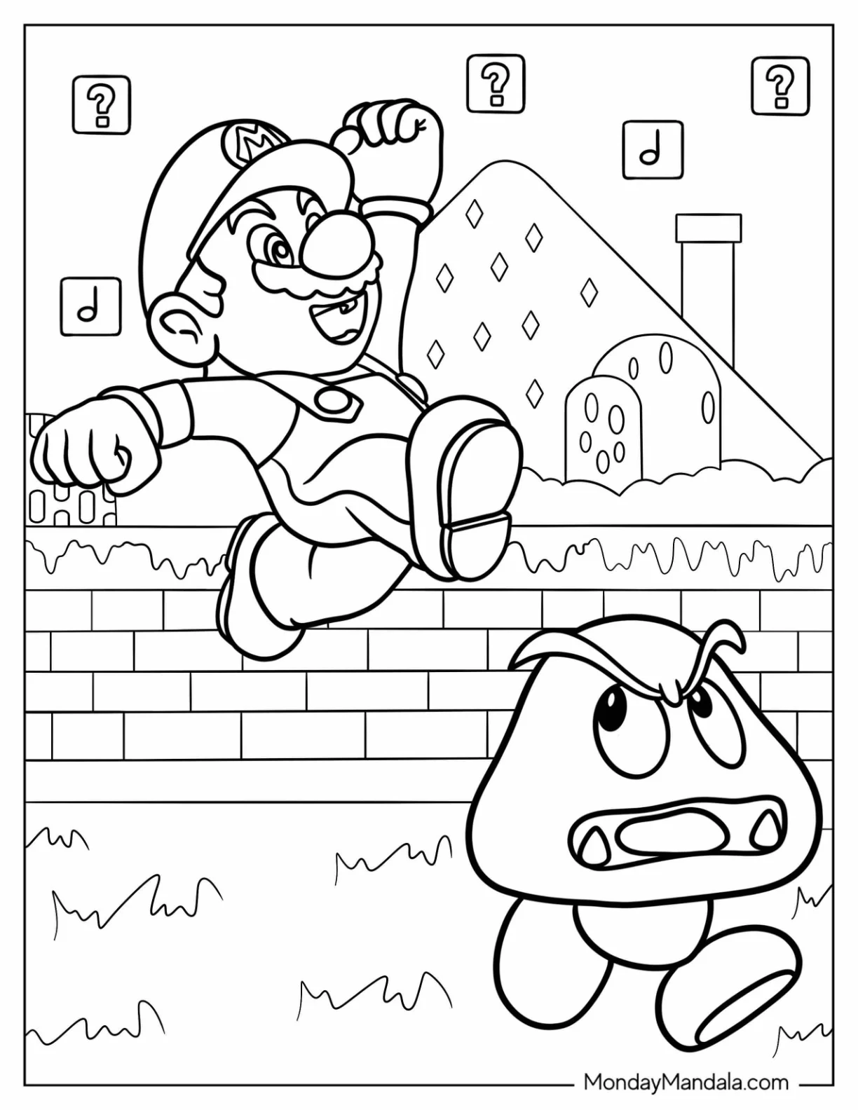 Mario Jumping Over Goomba Coloring Page coloring page