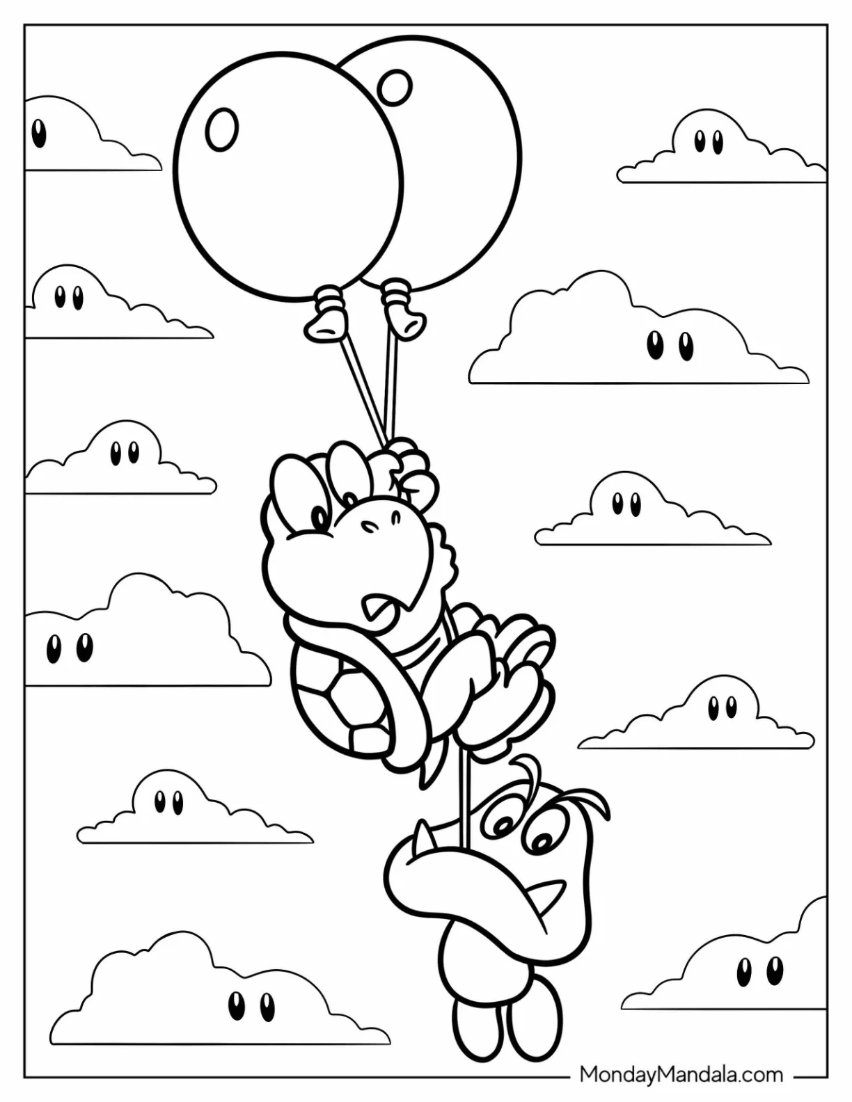 Yoshi And Goomba Coloring Page Clinging To Balloons coloring page