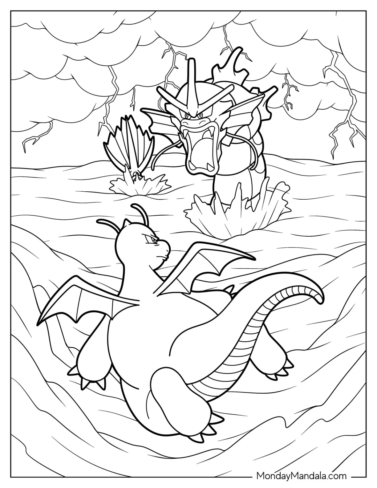 Dragonite Fighting Gyarados Coloring Page At Sea coloring page
