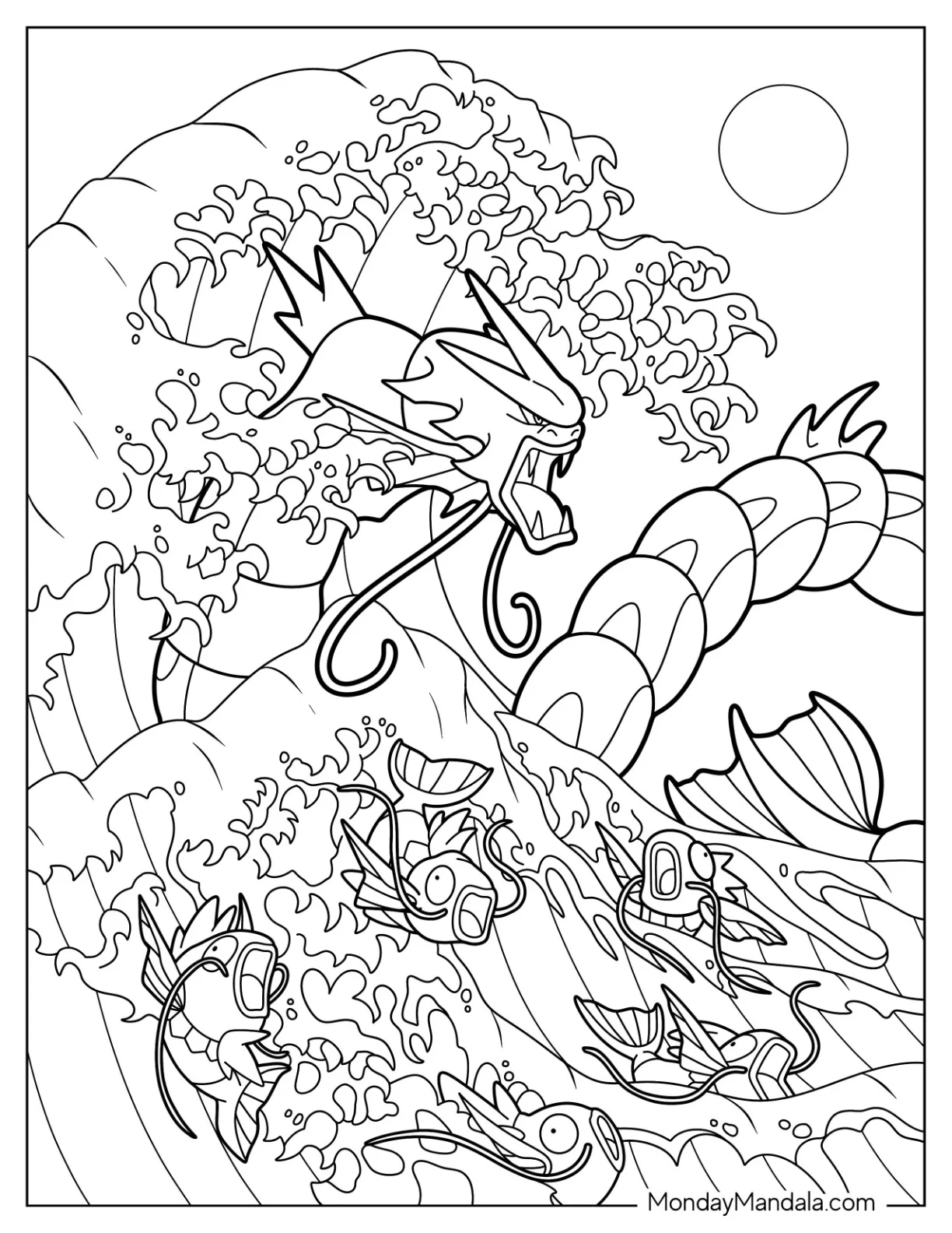 Gyarados Coloring Page and Magikarp In Hokusai Great Japanese Wave coloring page