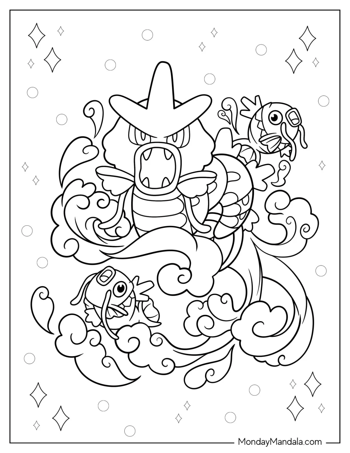 Kawaii Gyarados Coloring Page With Magikarp For Kids coloring page — printable line art