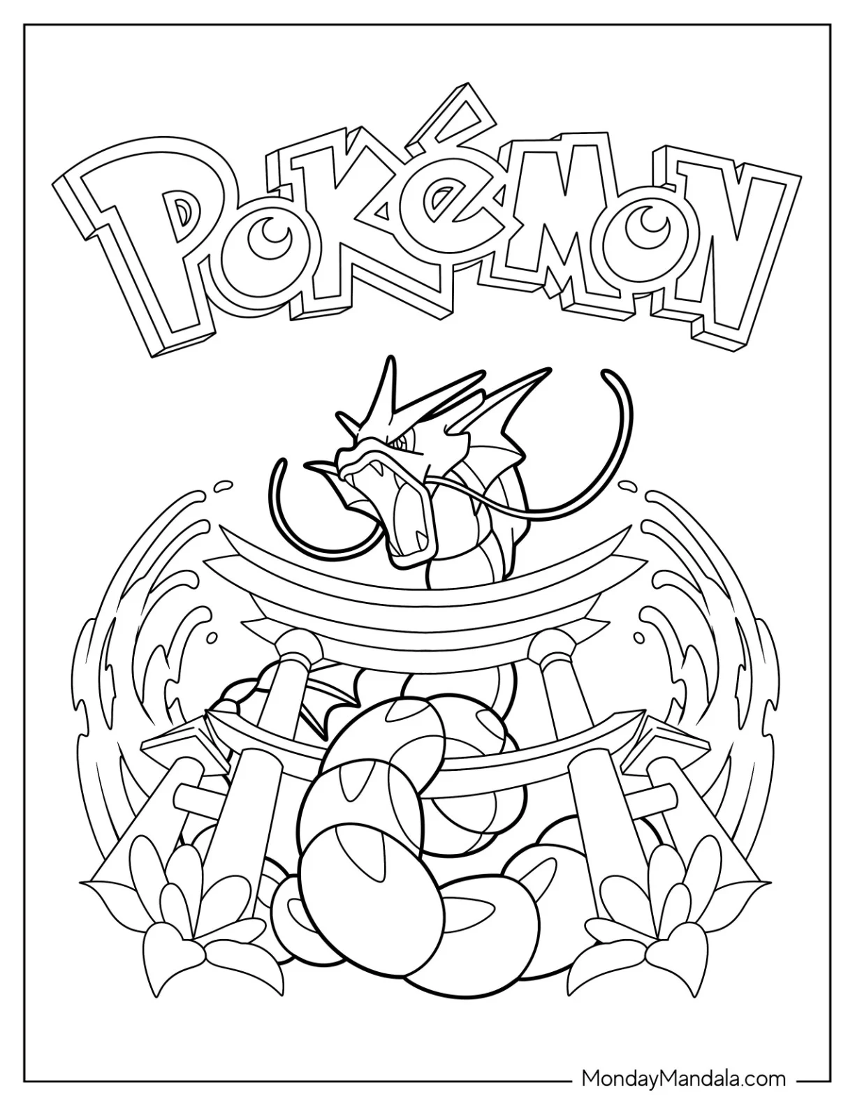 Pokemon Poster Gyarados Coloring Page In Front Of Torii With Water coloring page
