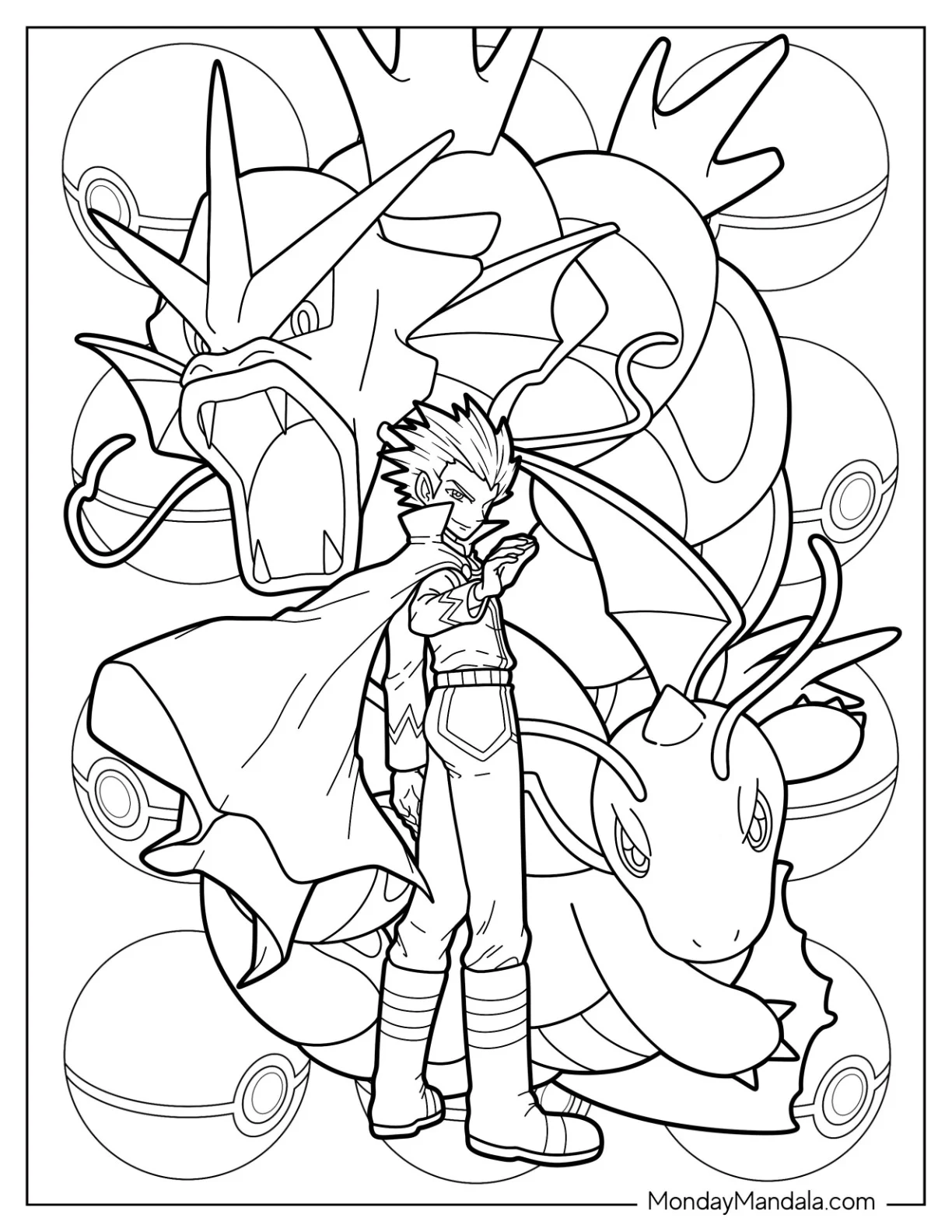 Pokemon Trainer Lance With Dragonite And Gyarados Coloring Page coloring page
