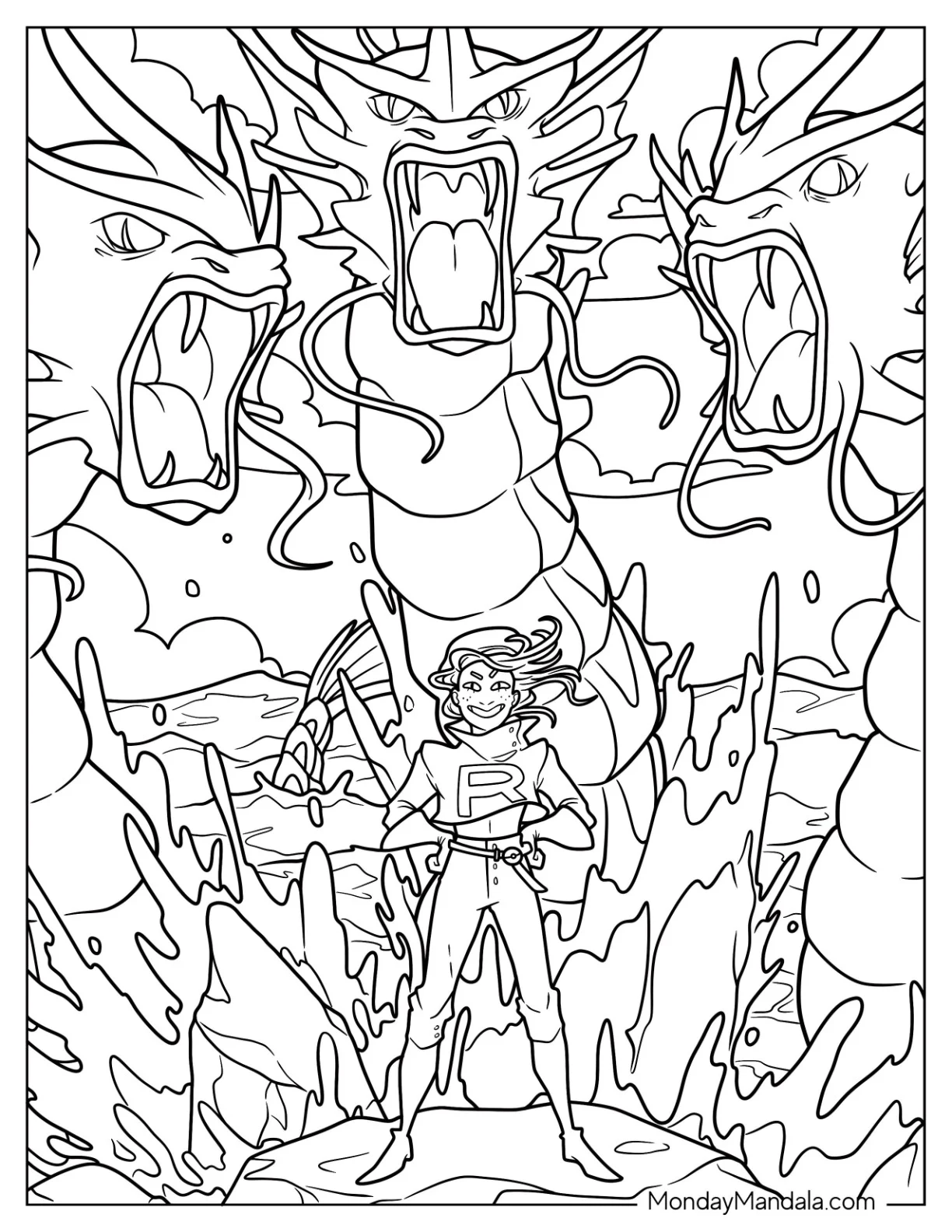 Team Rocket James In The Middle Of Three Gyarados Coloring Page Pokemon coloring page — printable line art