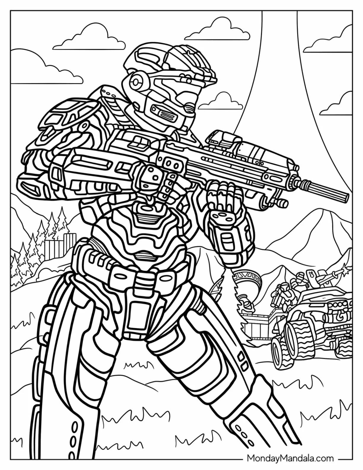 Detailed Halo Coloring Page Of Spartan Holding Gun coloring page