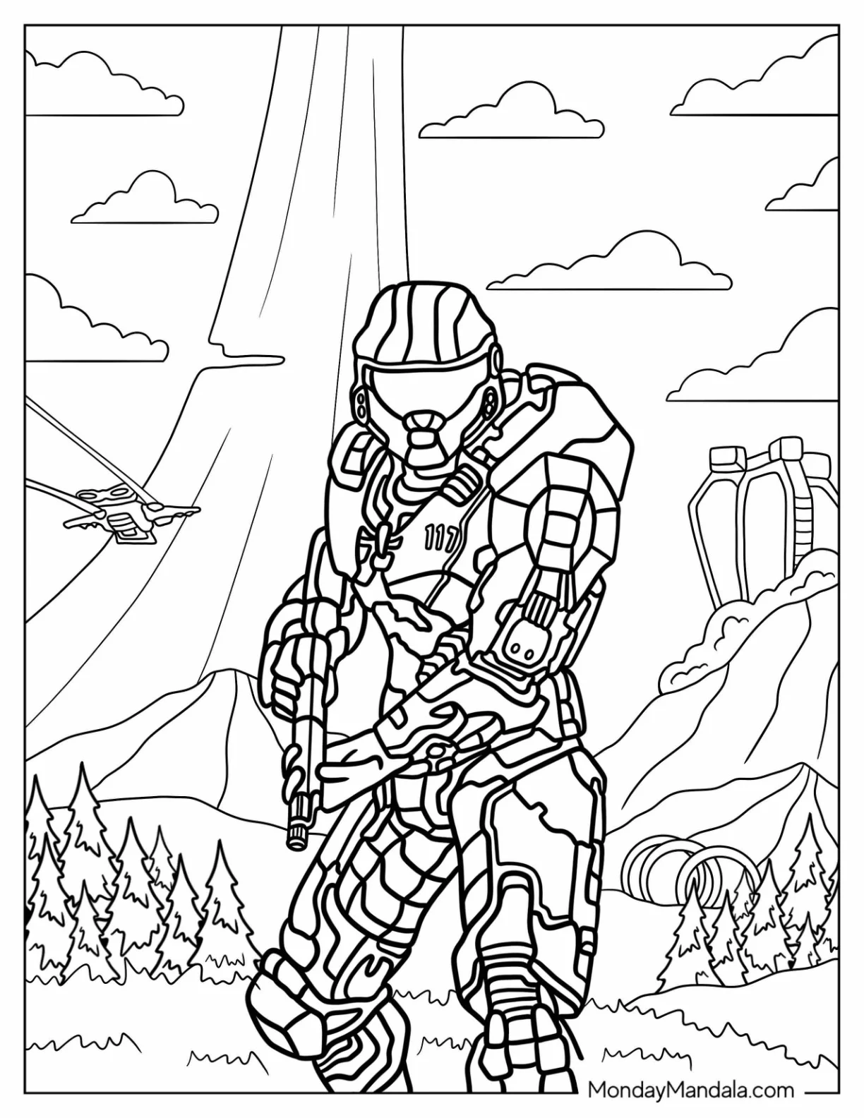 Easy Halo Coloring Page Of Master Chief With Airship In The Sky coloring page