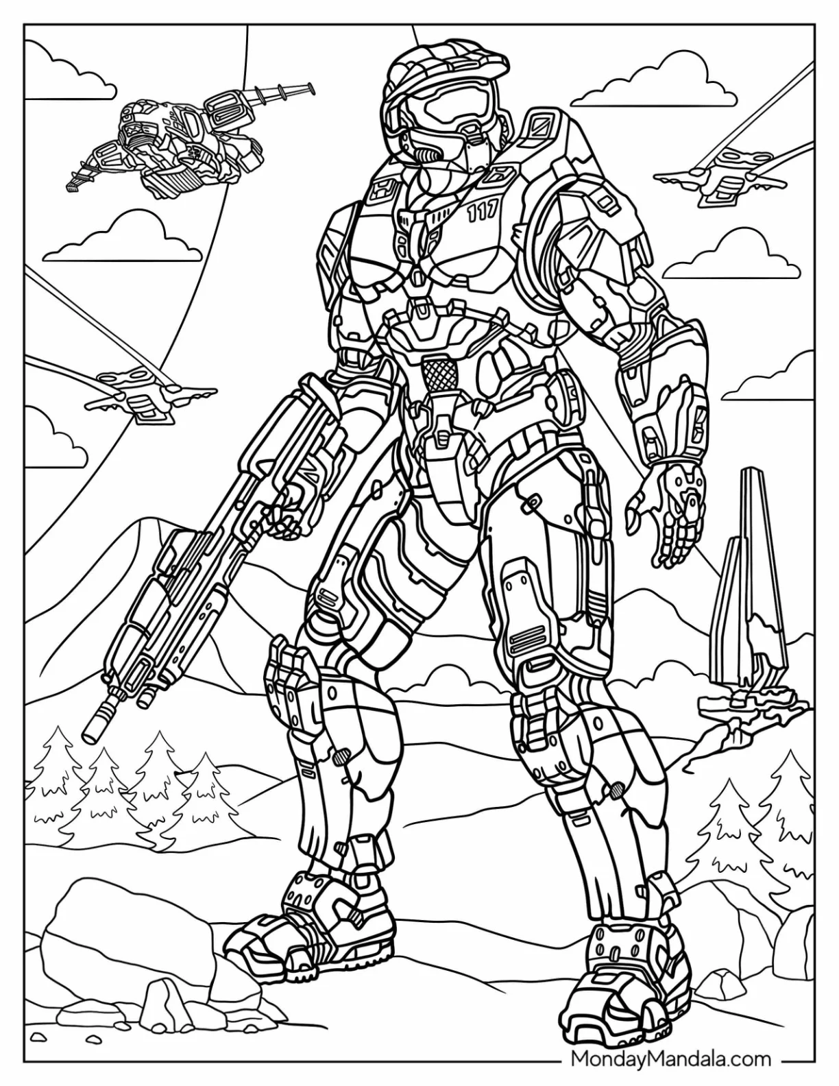 Halo Coloring Page Of Master Chief In Battlefield With Airships In The Sky coloring page