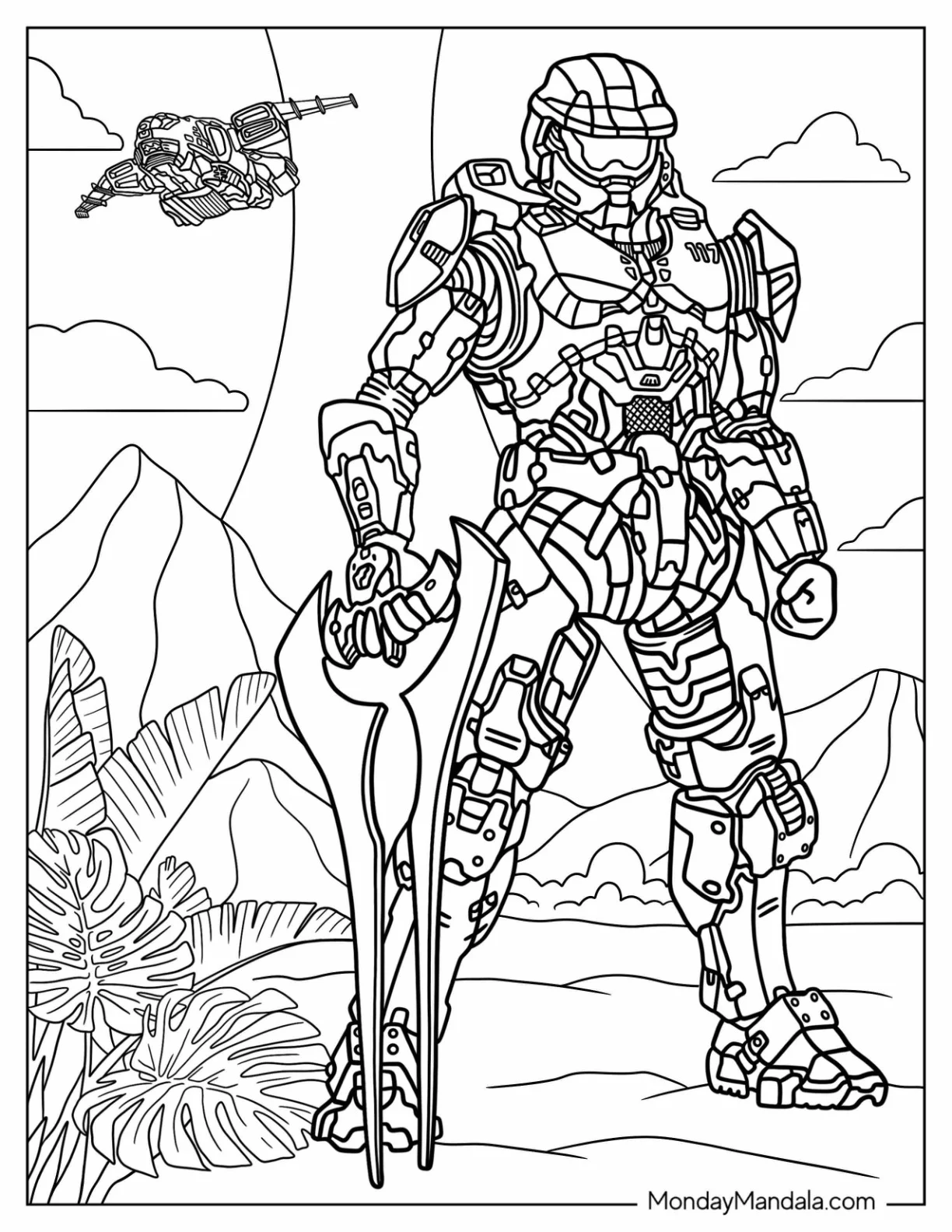 Halo Coloring Page Of Master Chief John 117 Holding Energy Sword coloring page