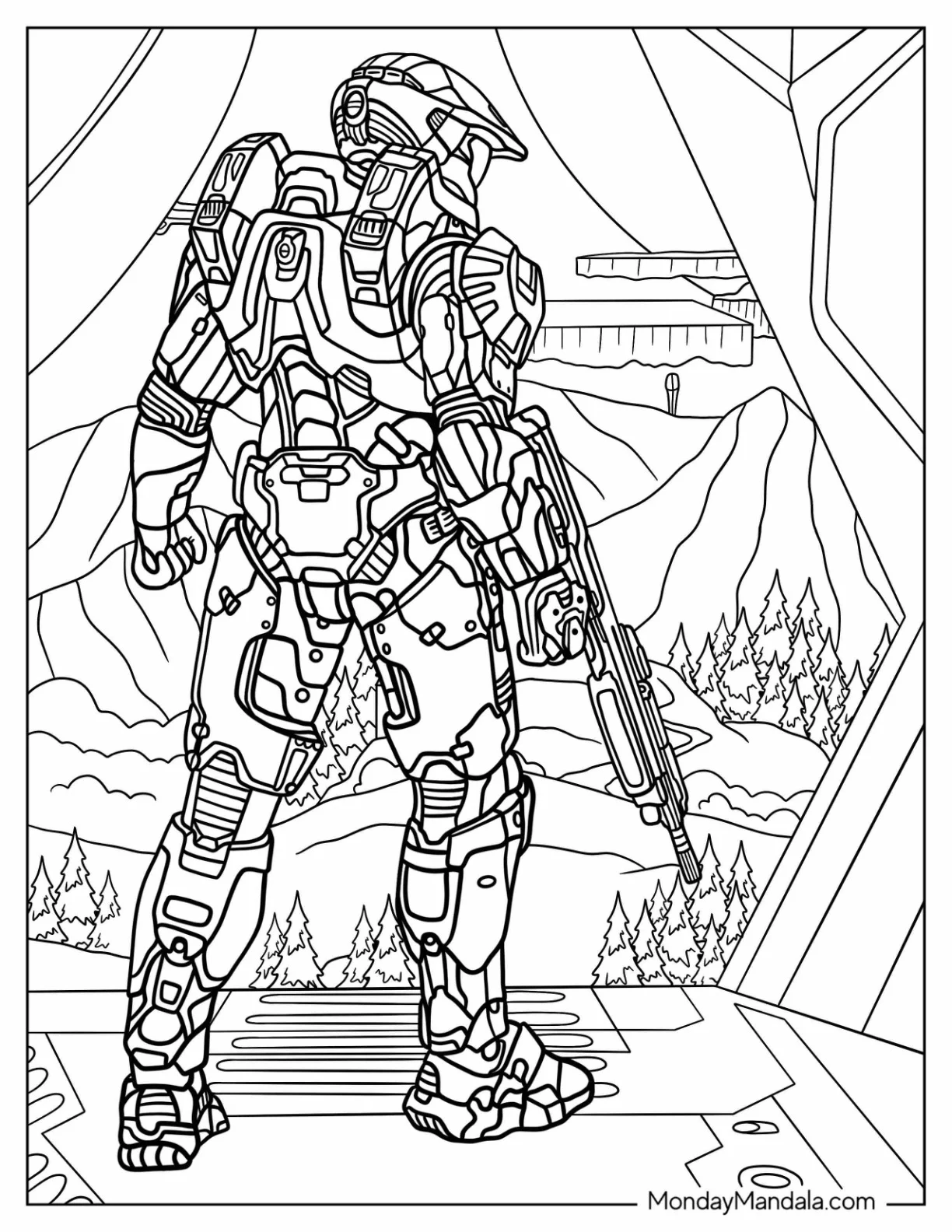 Halo Coloring Page Of Master Chief Looking Down From Airship coloring page