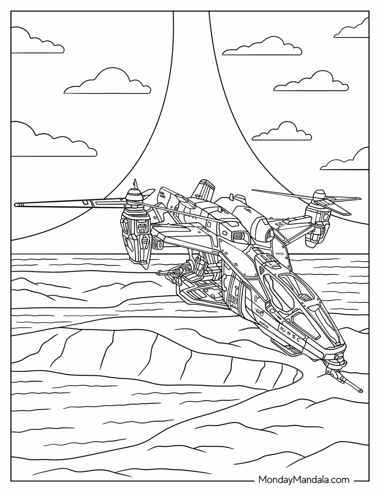 Halo Coloring Page Of UH 144 Falcon Flying Over Sea coloring page