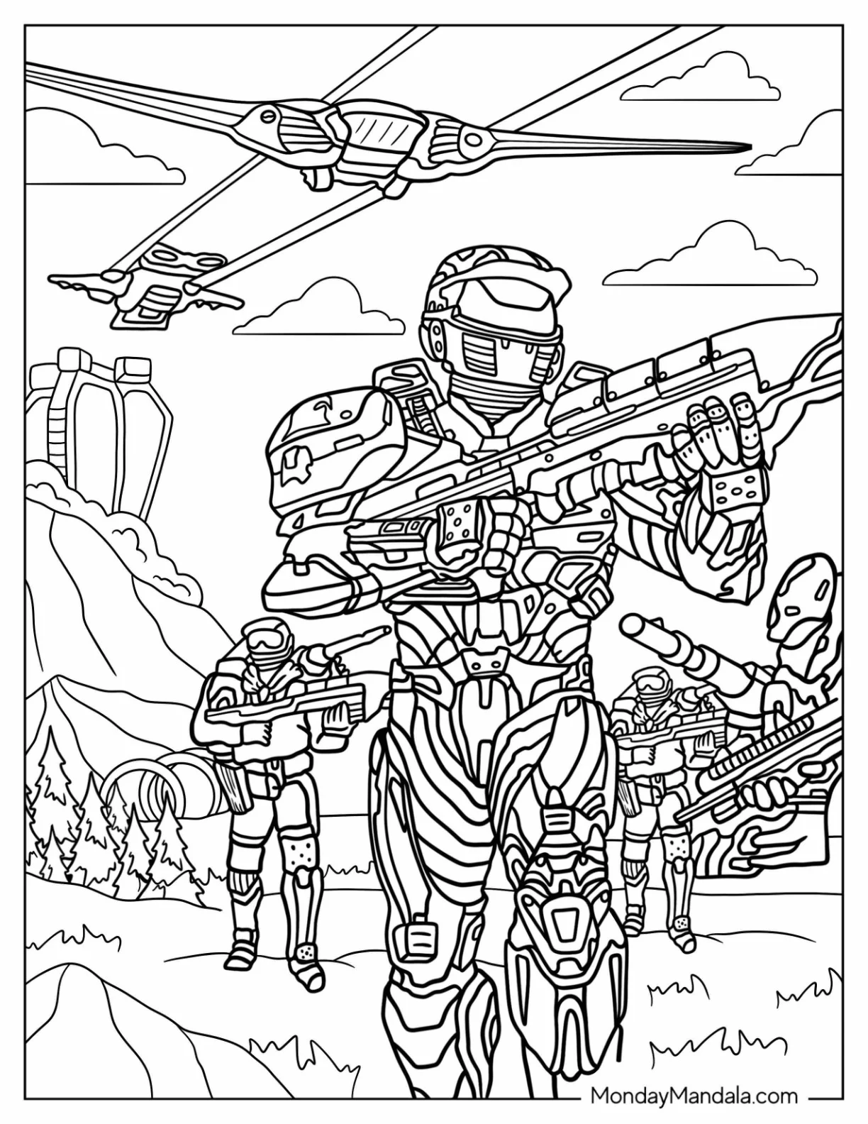 Halo Coloring Page Of Wars Master Chief Leading Group Of Men coloring page