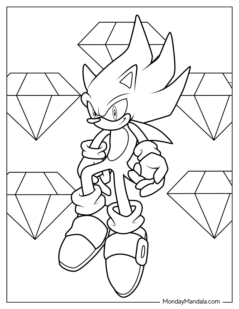 Easy Hyper Sonic Coloring Page In The Middle Of Chaos Emeralds For Kids coloring page