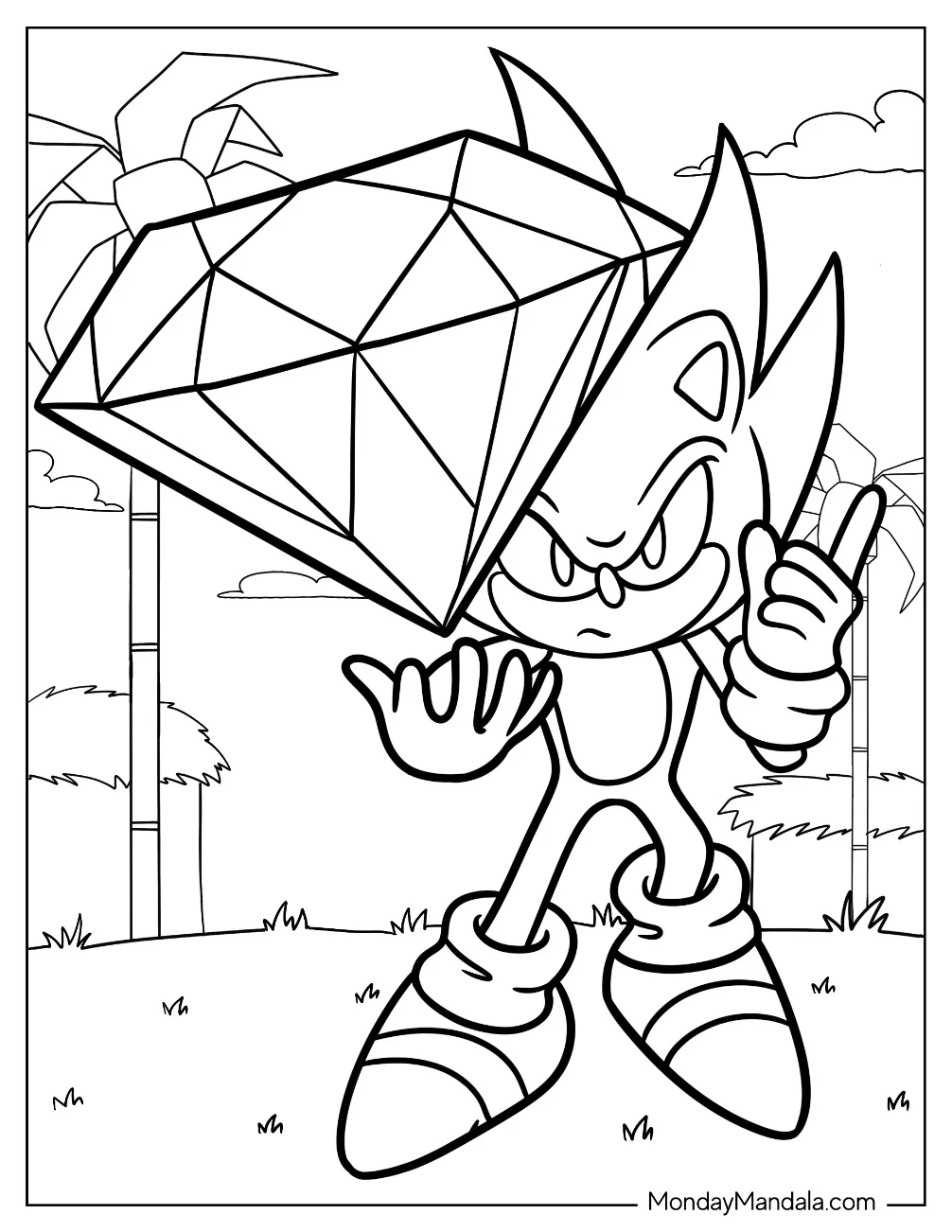 Hyper Sonic Coloring Page Holding Large Chaos Emerald For Kids coloring page — printable line art