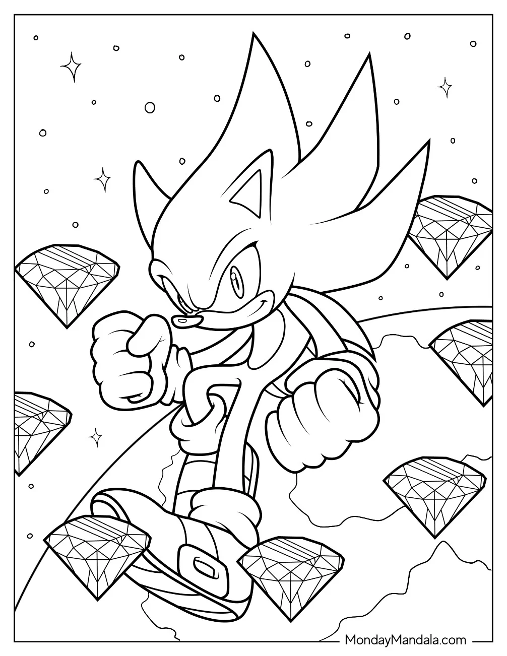 Hyper Sonic Coloring Page In Outer Space With Chaos Emeralds coloring page