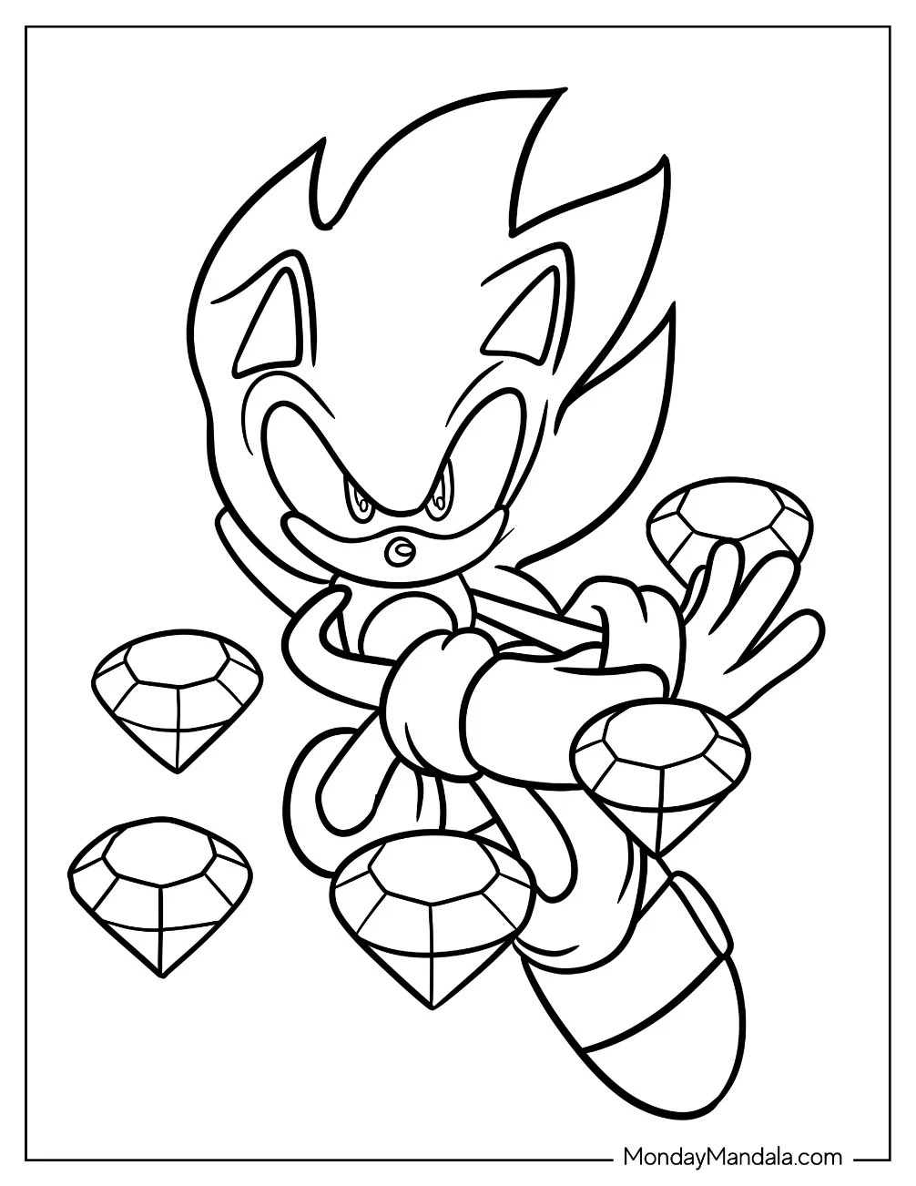 Hyper Sonic Coloring Page Surrounded By Chaos Emeralds For Kids coloring page