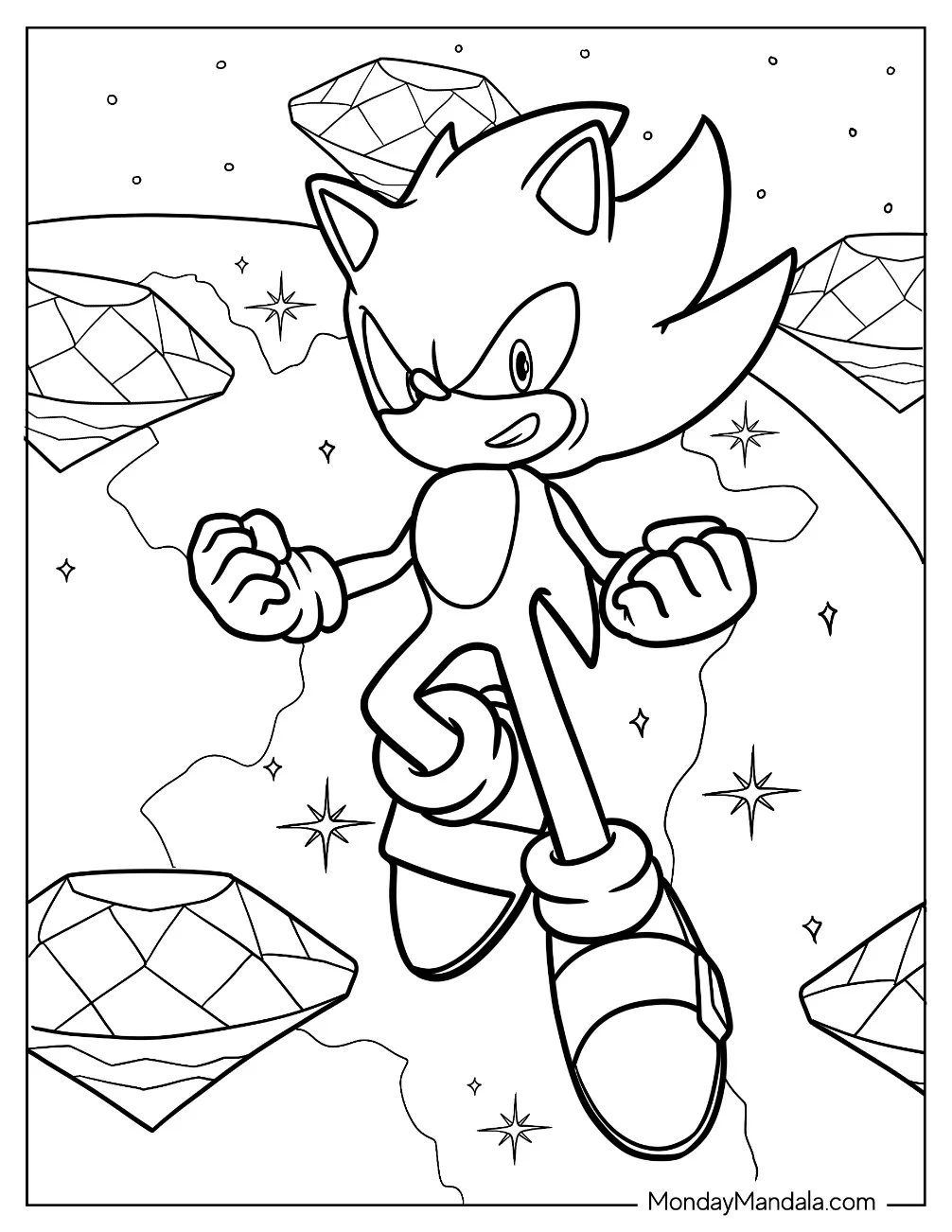 Hyper Sonic Coloring Page Using Chaos Emeralds For Kids coloring page