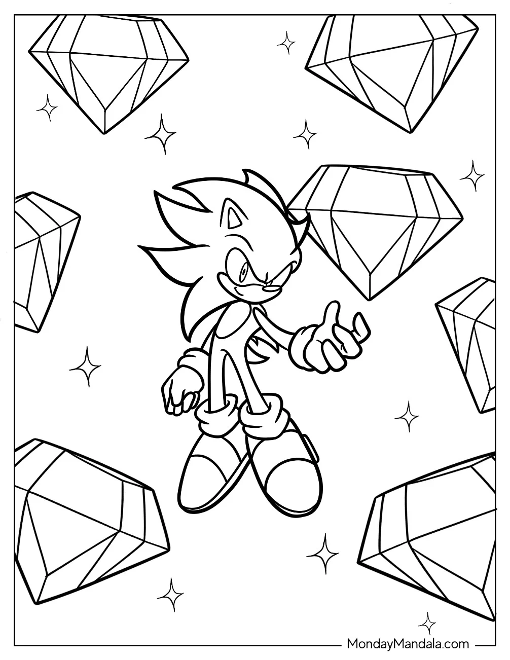 Hyper Sonic Coloring Page With Large Chaos Emeralds In The Background coloring page