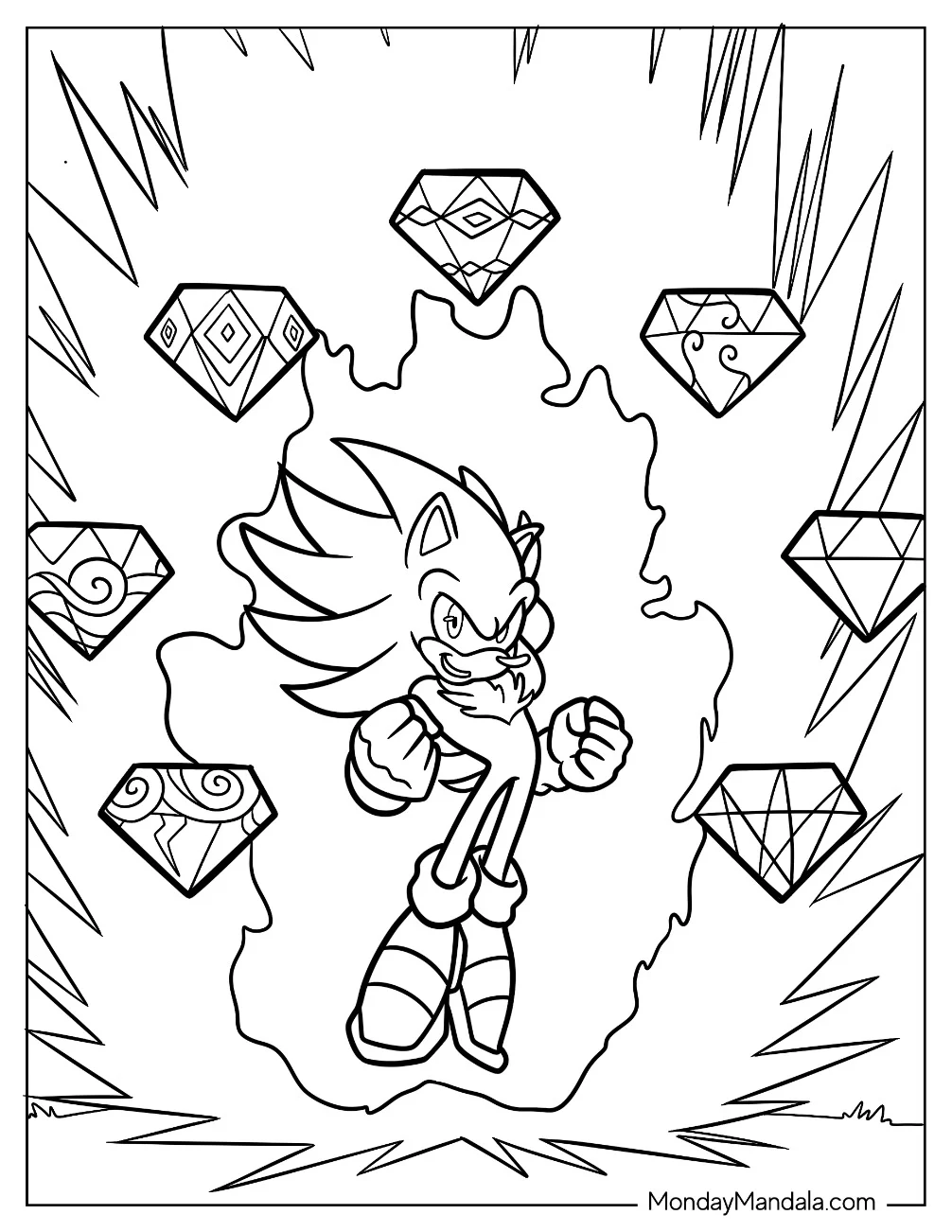 Powerful Hyper Sonic Coloring Page With Seven Chaos Emeralds coloring page