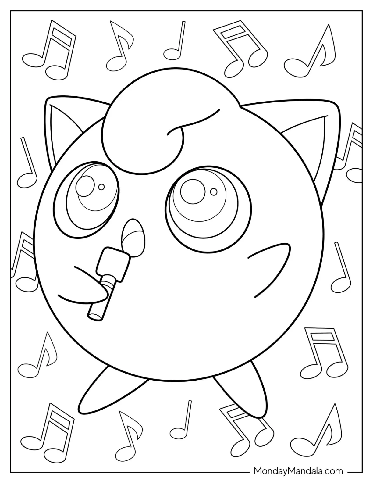 Jigglypuff Coloring Page Holding Small Microphone While Singing coloring page