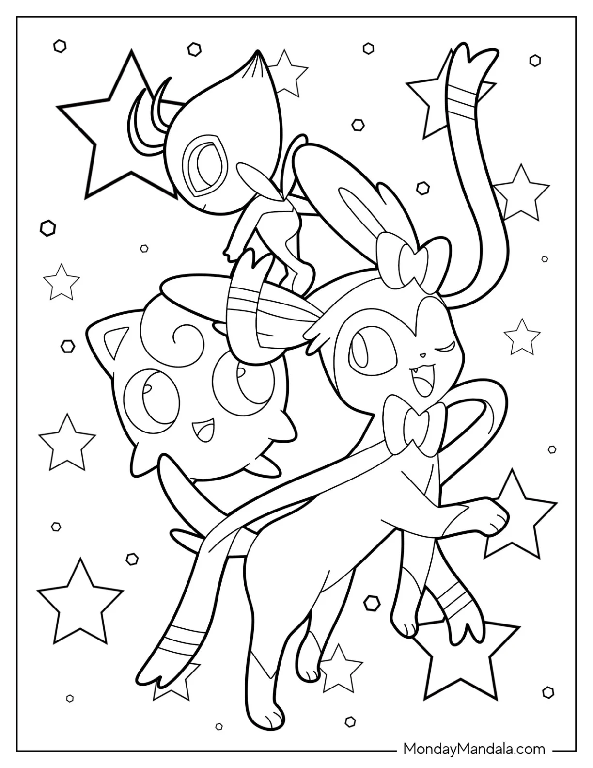 Sylveon With Celebi And Jigglypuff Coloring Page coloring page