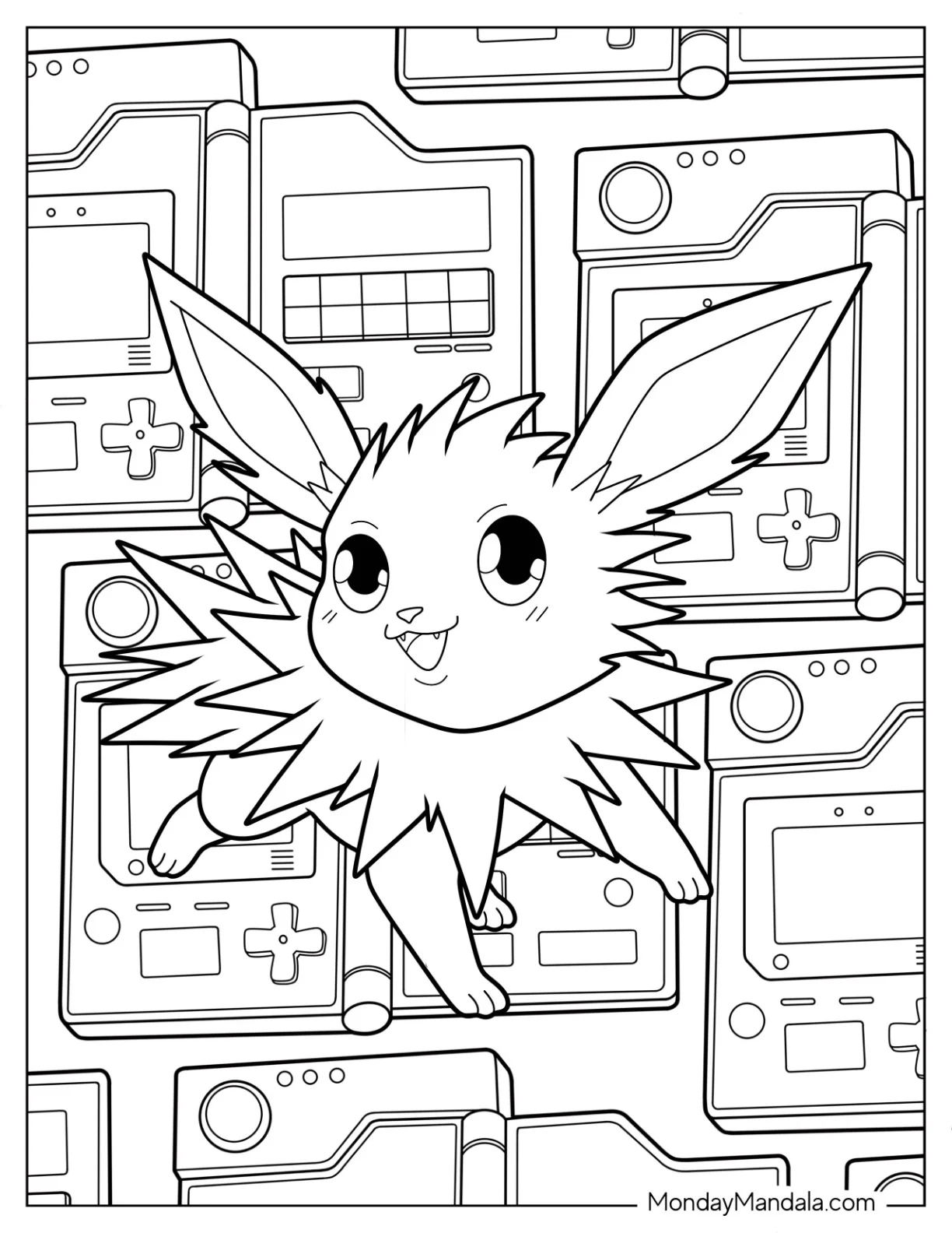Baby Jolteon Coloring Page With Gaming Console In Background coloring page
