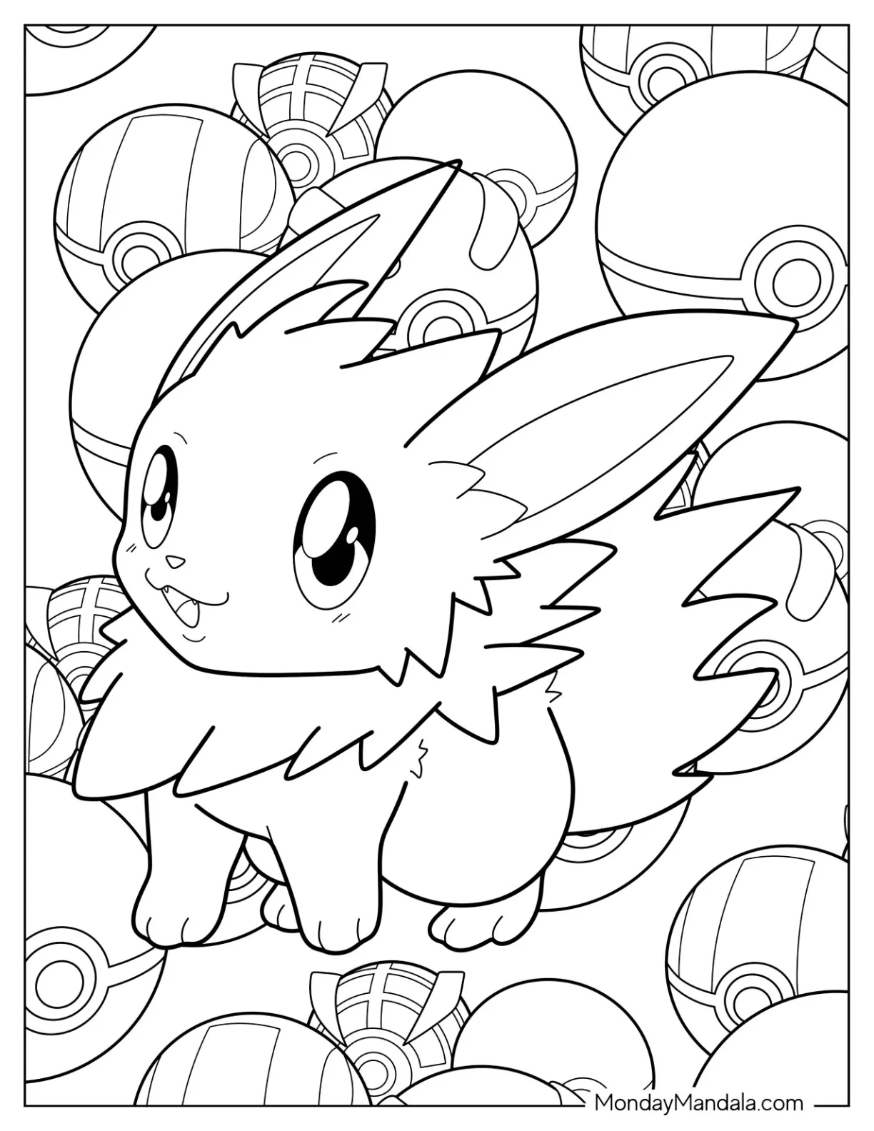 Cute Jolteon Coloring Page With Pokeballs In Background For Kids coloring page