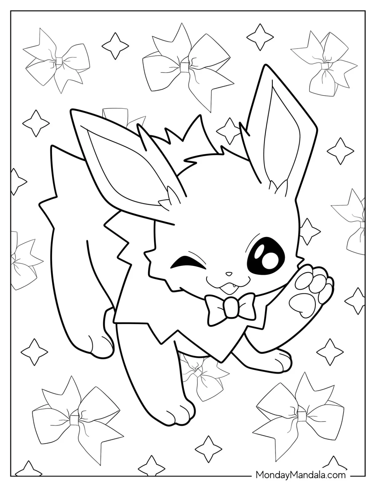 Kawaii Jolteon Coloring Page With Bowtie Winking For Preschoolers coloring page