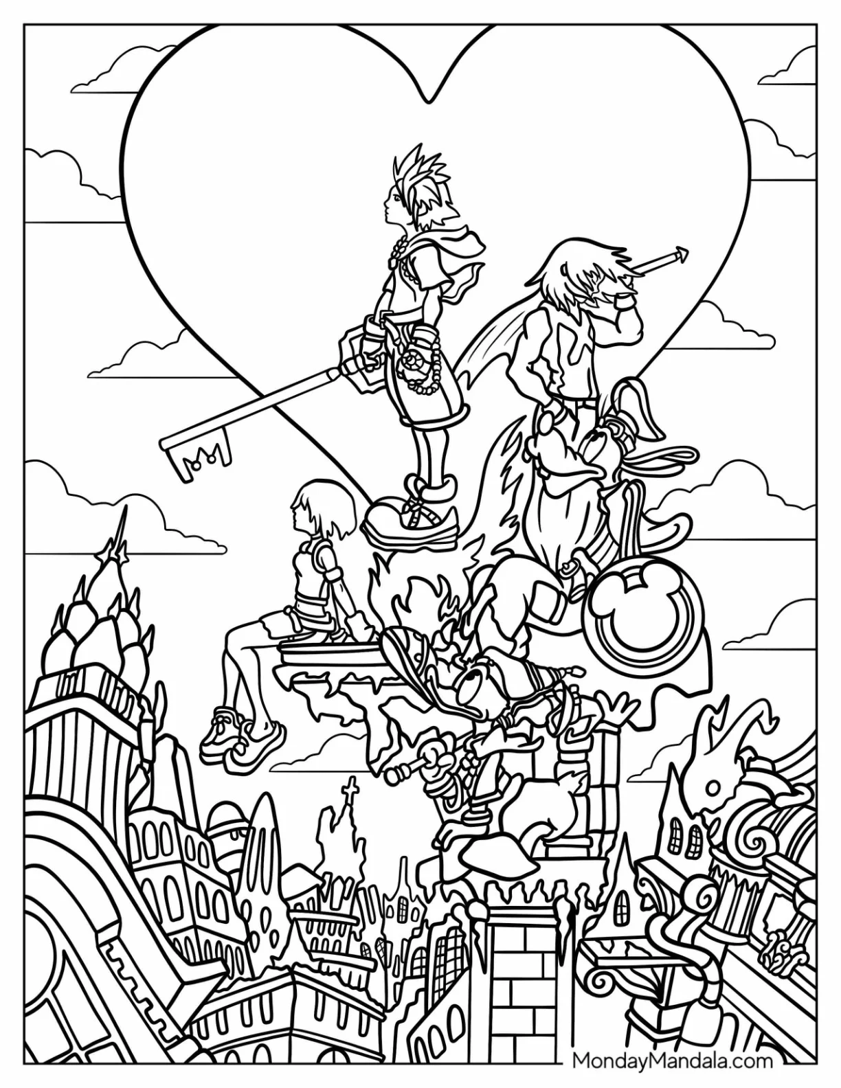 Kingdom Hearts Coloring Page Sora And Friends On Top Of A Large Town coloring page