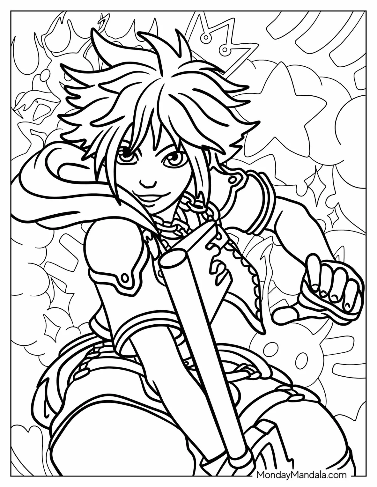 Kingdom Hearts Coloring Page Sora Fighting With His Keyblade For Kids coloring page