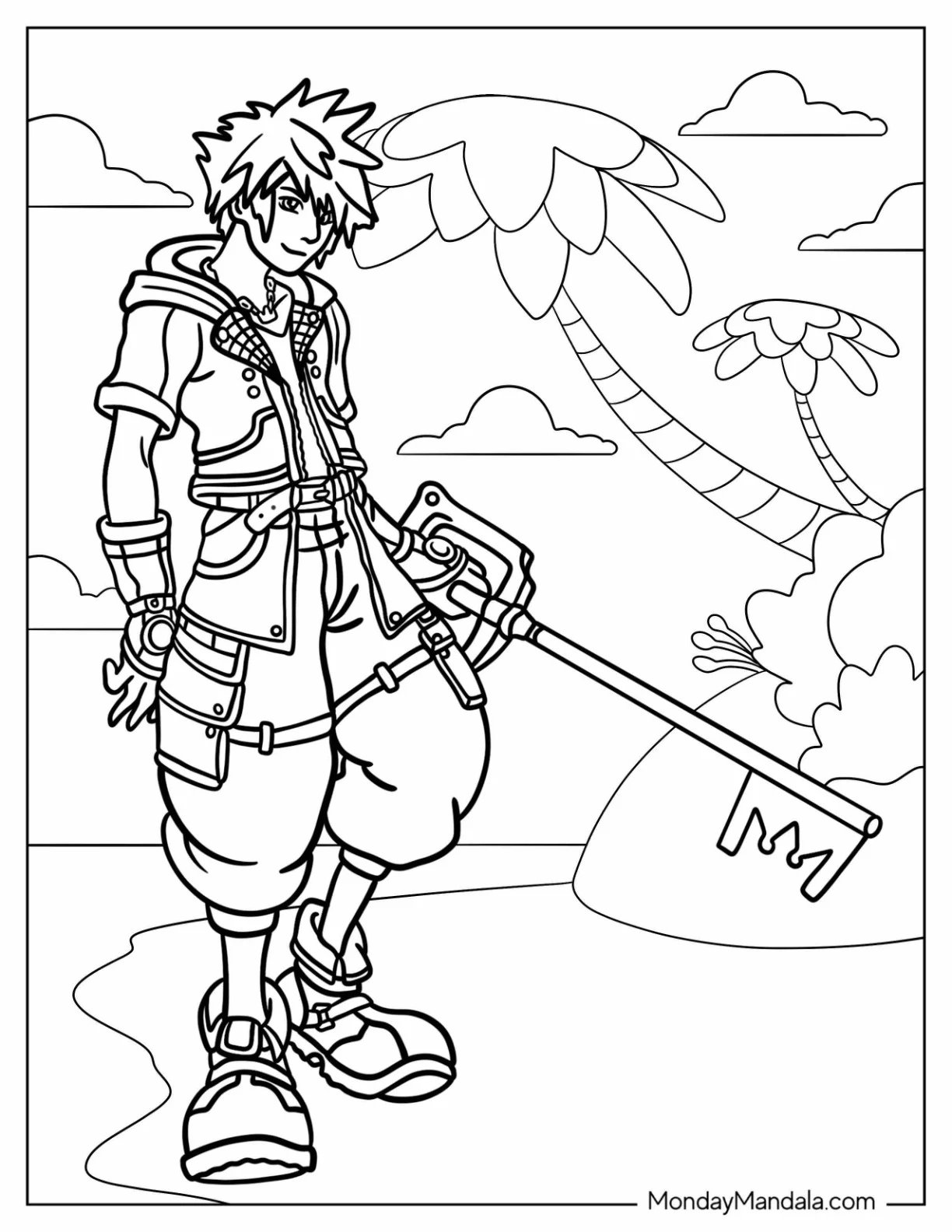 Kingdom Hearts Coloring Page Sora Holding His Keyblade On A Beach coloring page