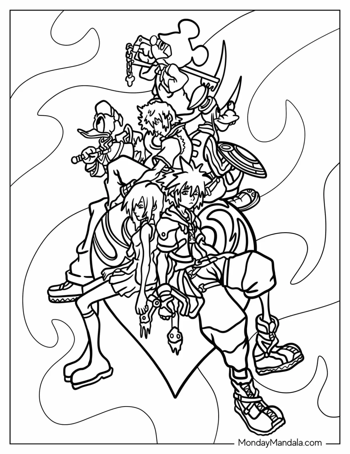 Kingdom Hearts Coloring Page Sora, Kairi, Riku, Mickey Mouse, Donald Duck, And Goofy coloring page