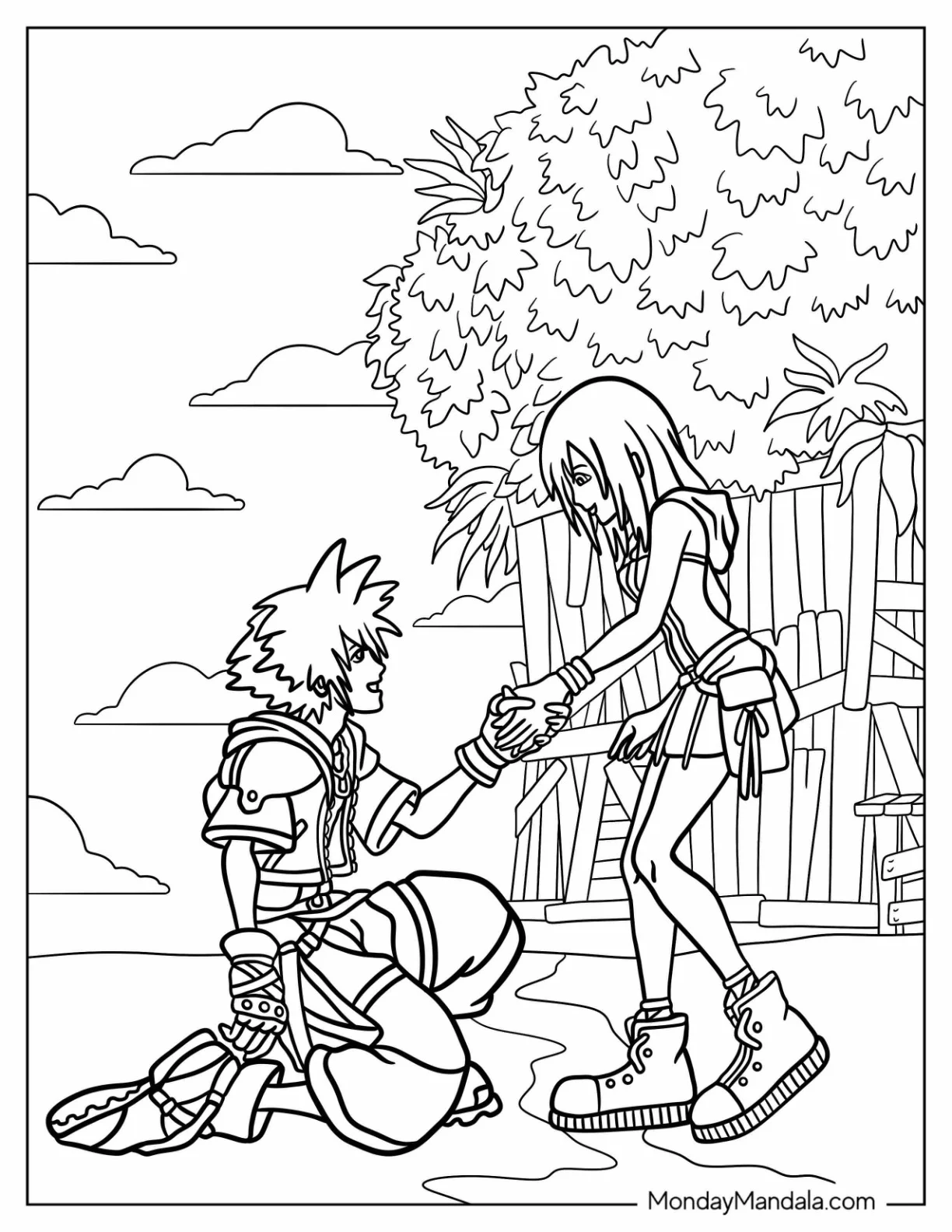 Kingdom Hearts Coloring Page Sora Kneeling In Front Of Kairi coloring page