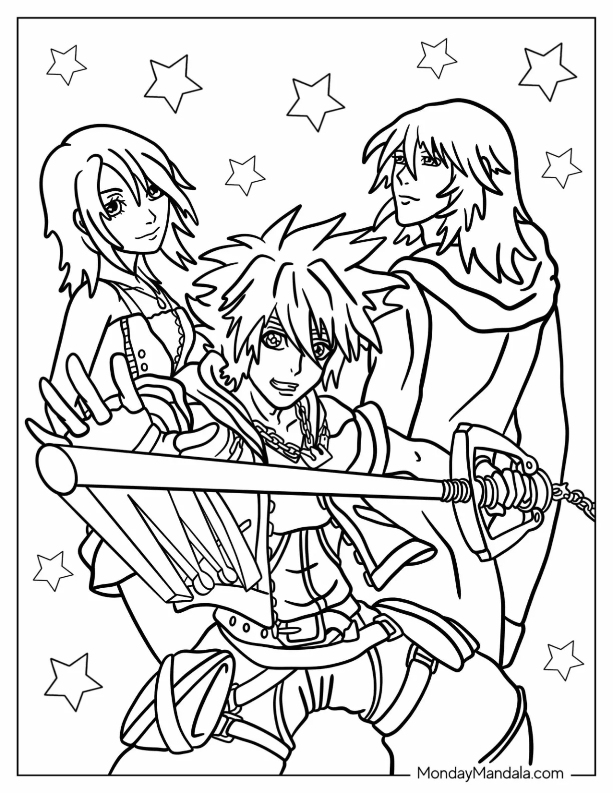 Kingdom Hearts Coloring Page Sora, Riku, And Kairi With Starry Background coloring page