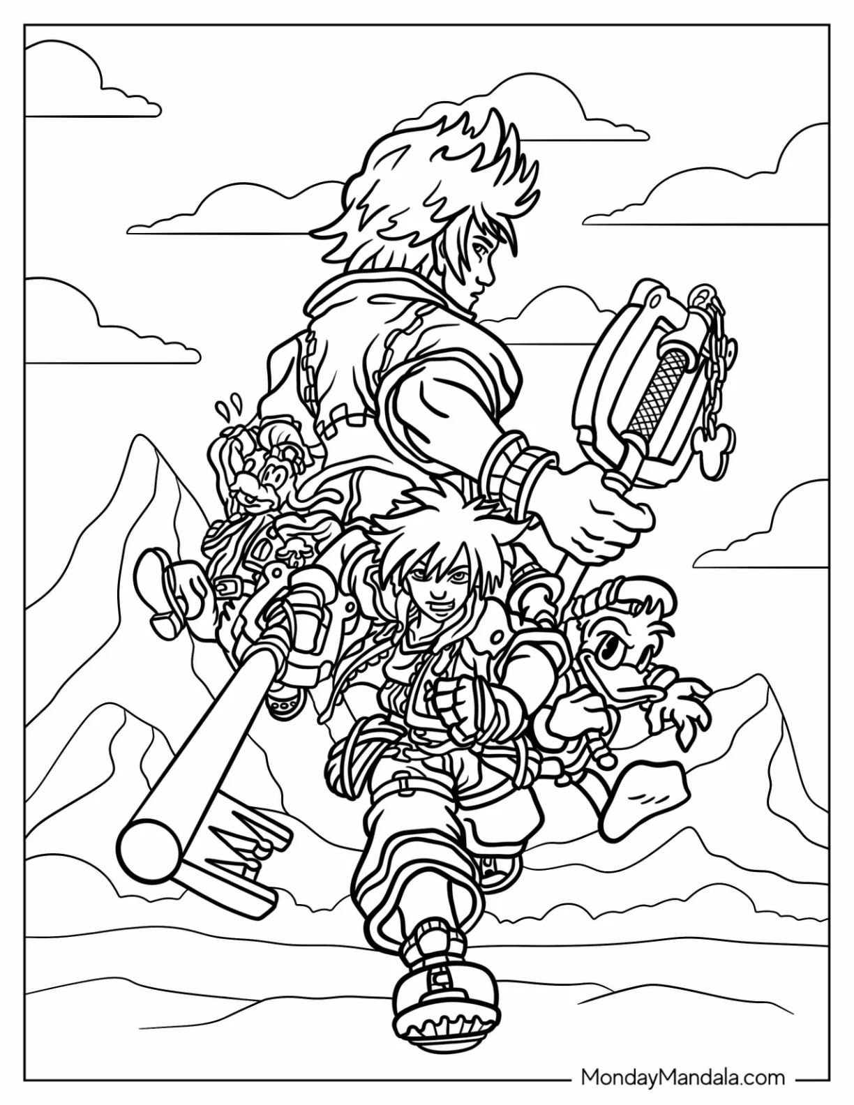 Kingdom Hearts Coloring Page Sora, Roxas, Donald Duck, And Goofy coloring page