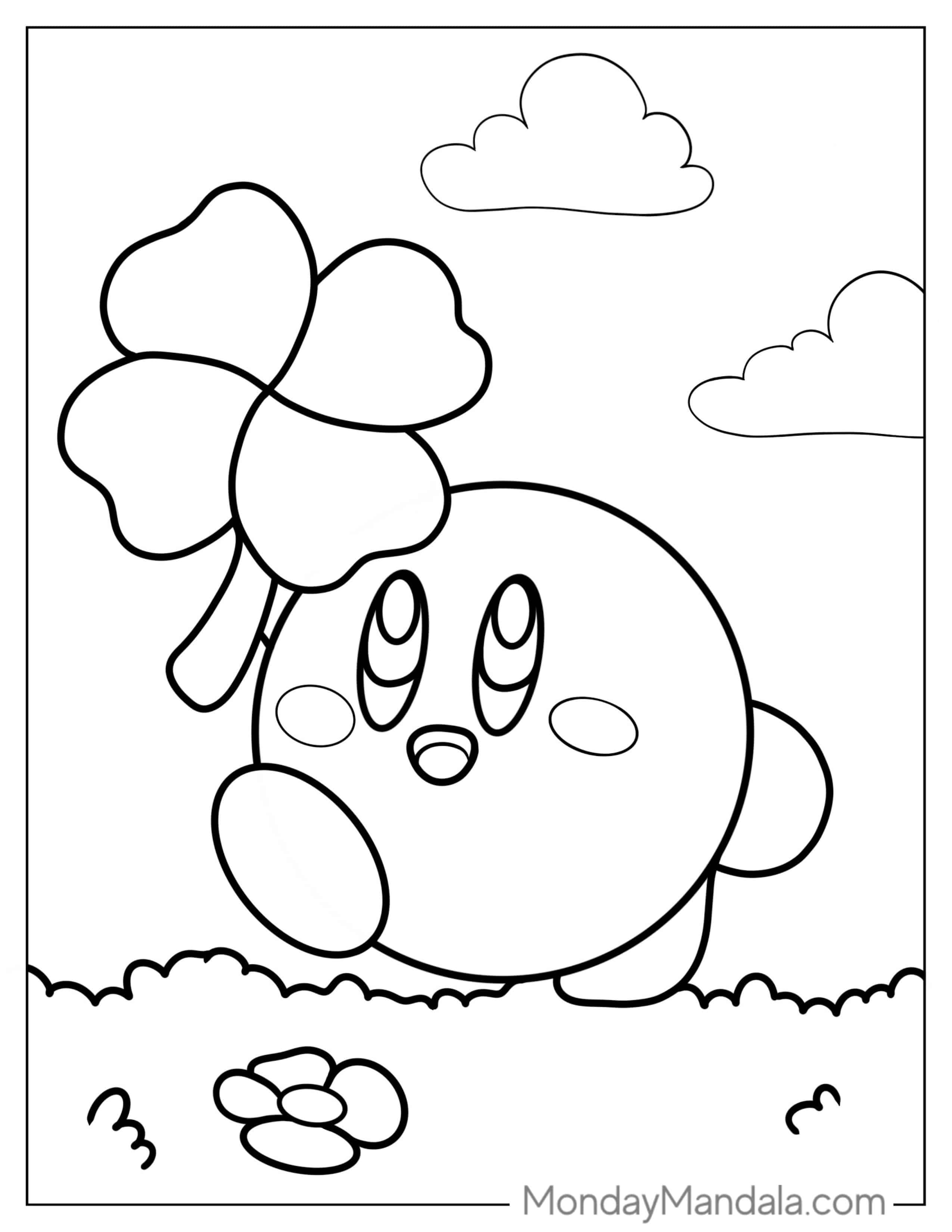 Cute Kirby Holding a Flower To Color coloring page