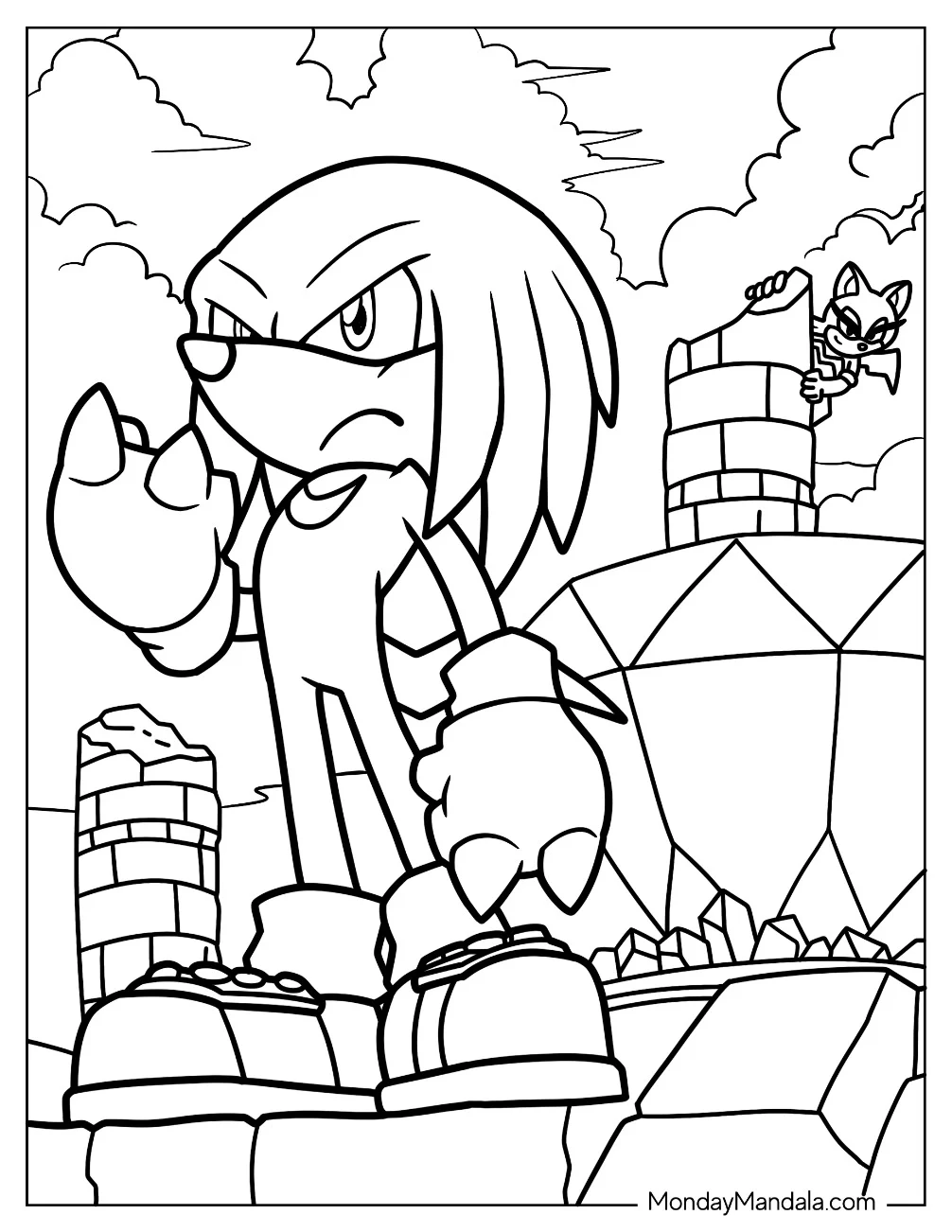 Knuckles Coloring Page Guarding The Master Emerald With Tangle At The Back coloring page
