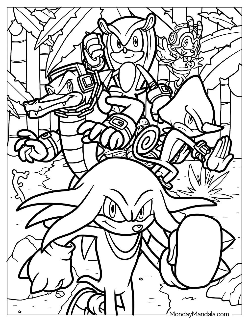 Knuckles Coloring Page With Vector, Mighty, Charmee Bee, And Espio coloring page — printable line art