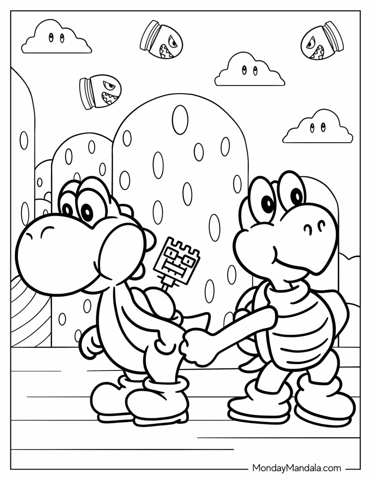 Yoshi With Koopa Troopa Coloring Page In Mushroom Kingdom coloring page