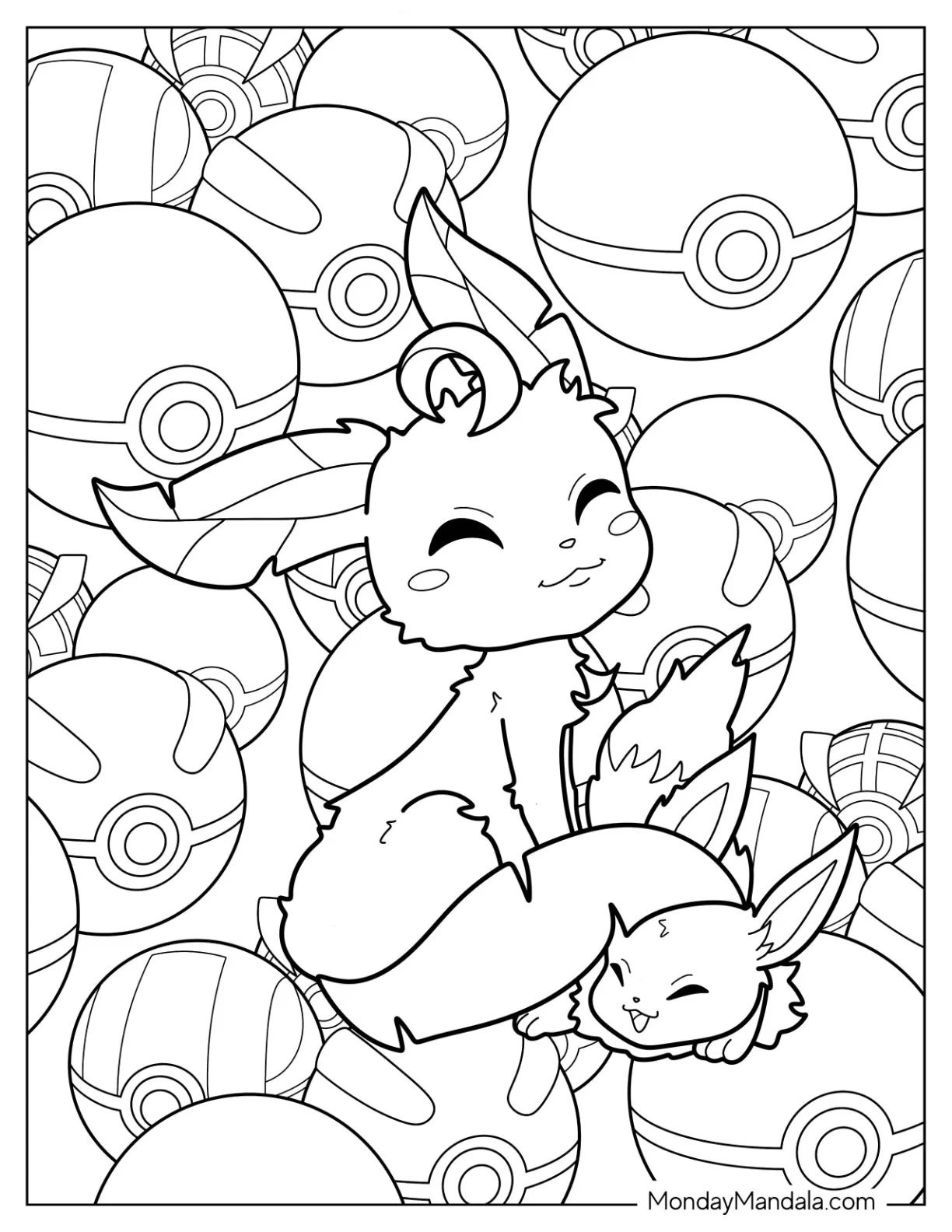 Leafeon Playing With Baby Eevee With Pockeballs In The Background coloring page