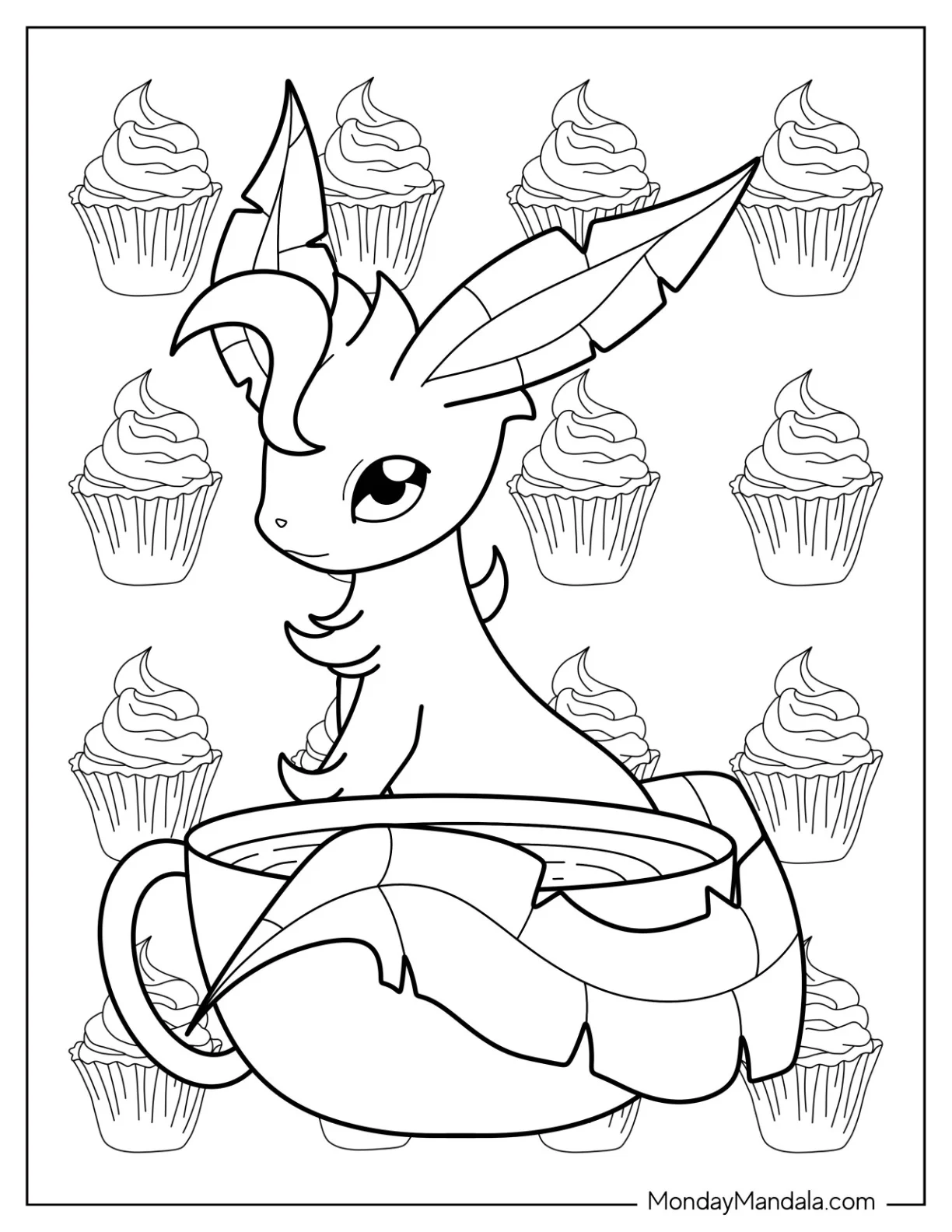 Leafeon Sitting Next To Cup Of Coffee With Cupcake Background coloring page