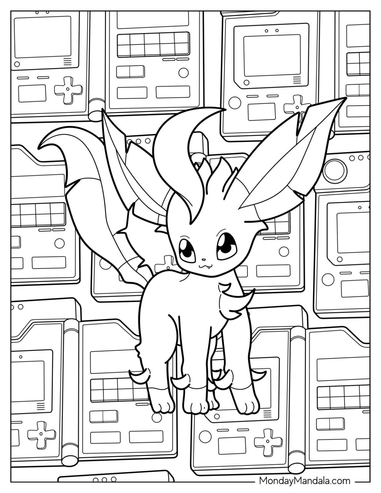 Leafeon Standing In Front Of Game Consoles coloring page — printable line art