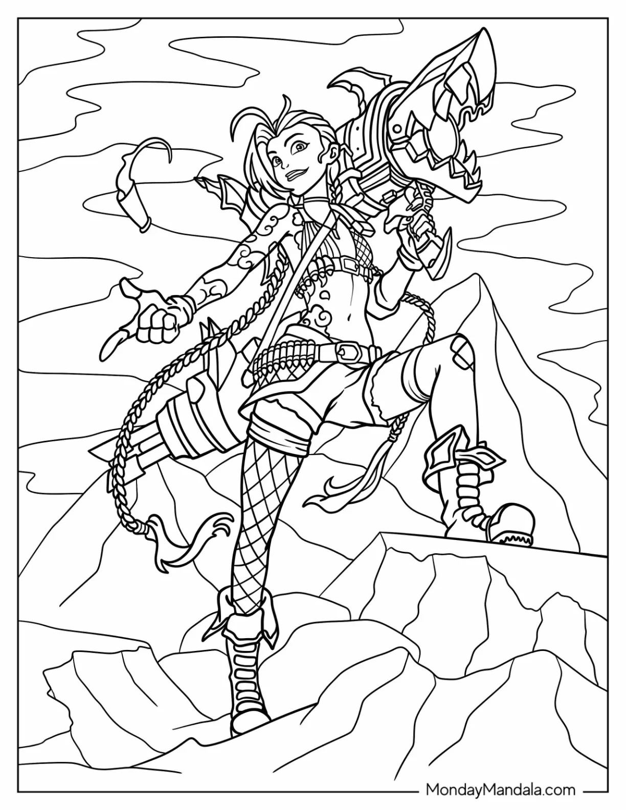 Jinx In The Battlefield With Pow Pow Machine Gun League Of Legends Coloring Page coloring page