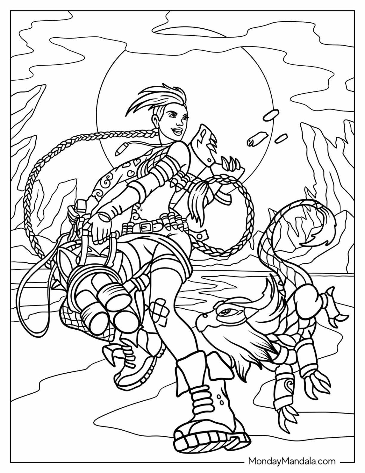 League Of Legends Coloring Page Of Jinx Using Pow Pow In Battle coloring page — printable line art