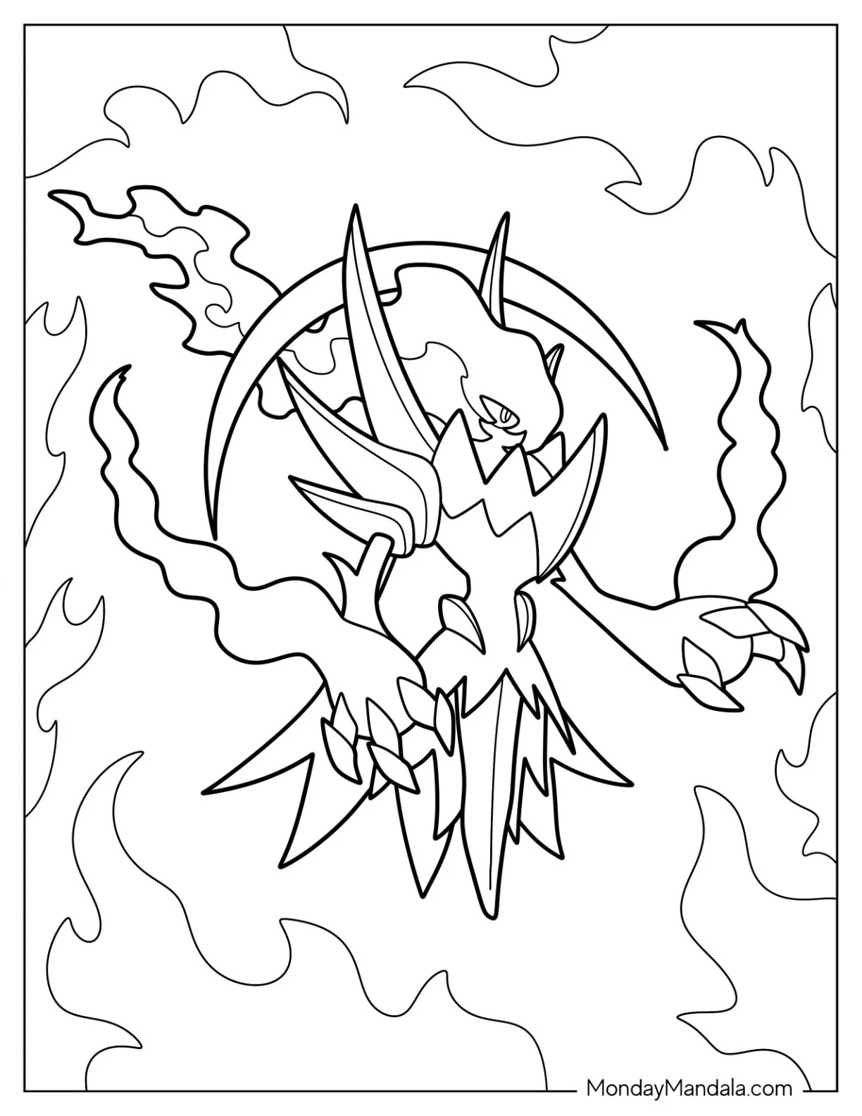 Darkrai Surrounded By Fire Legendary Pokemon Coloring Page coloring page — printable line art