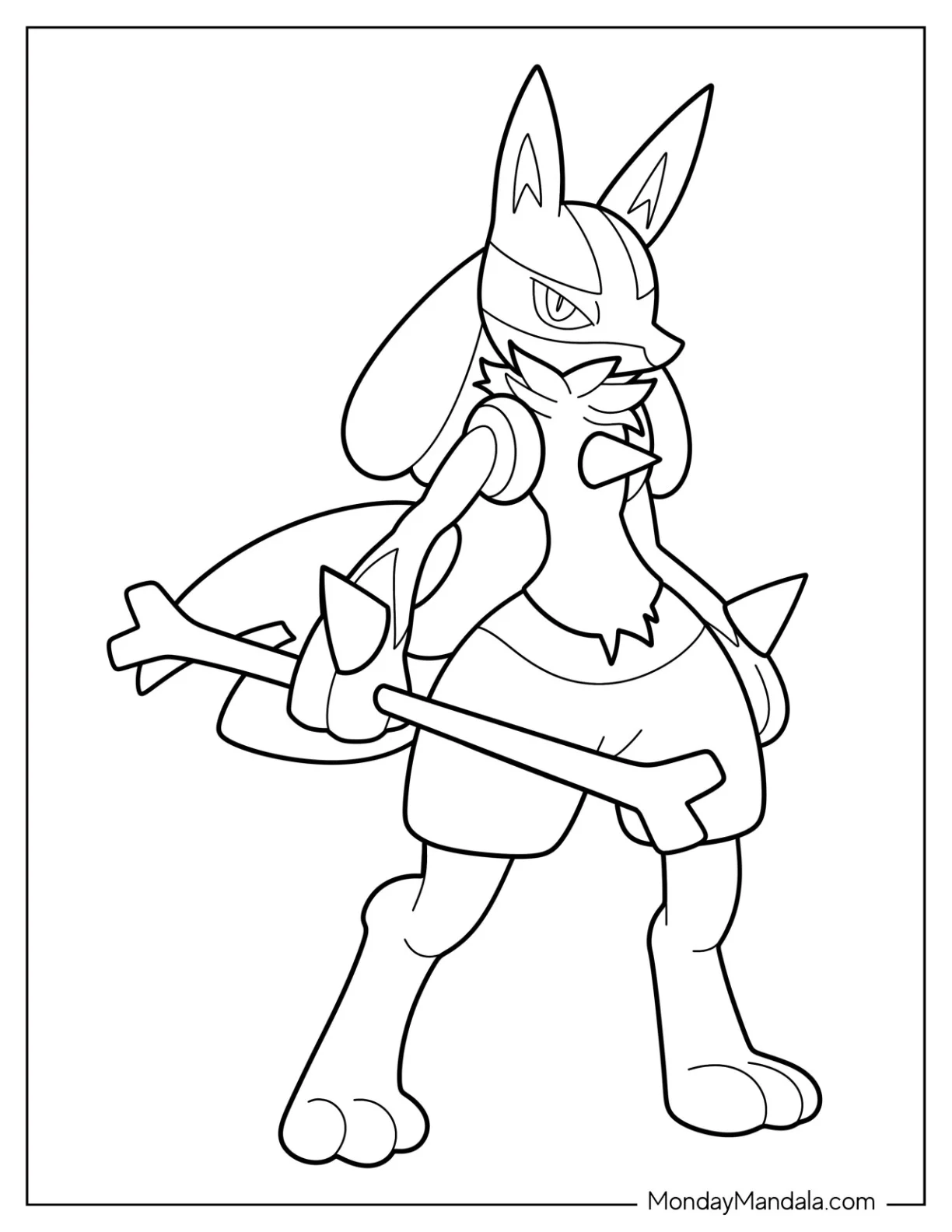 Easy Outline Of Lucario Coloring Page Holding Bone Weapon coloring page
