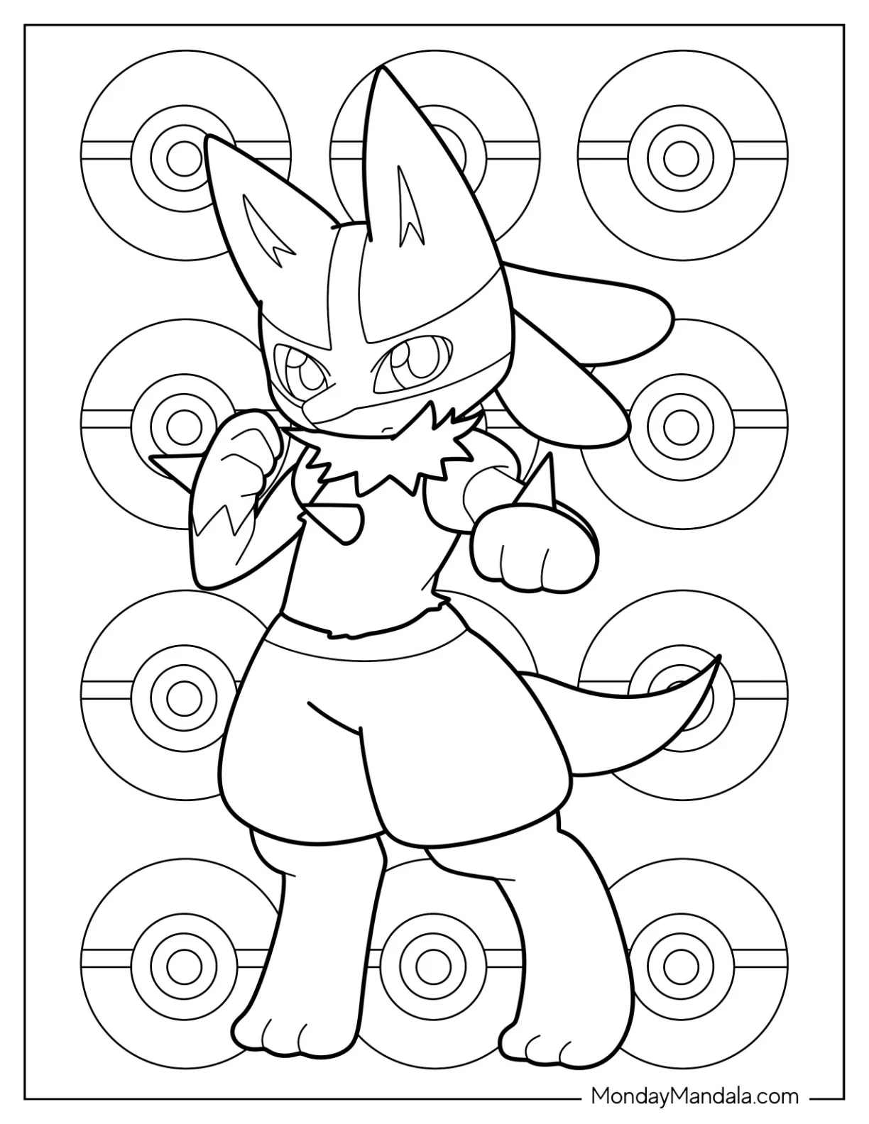 Frowning Baby Lucario Coloring Page With Pokeballs In Background coloring page