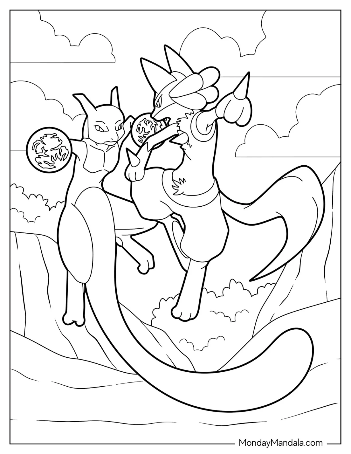 Lucario Coloring Page Fighting Mewtwo coloring page — printable line art