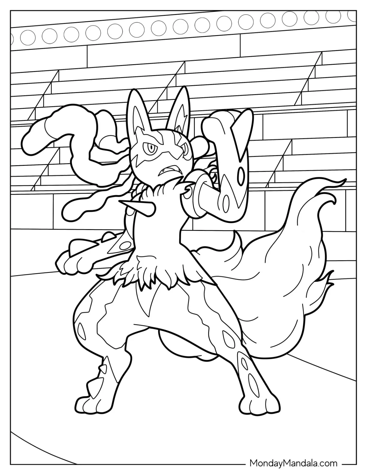 Mega Lucario Coloring Page Dueling In Stadium coloring page — printable line art