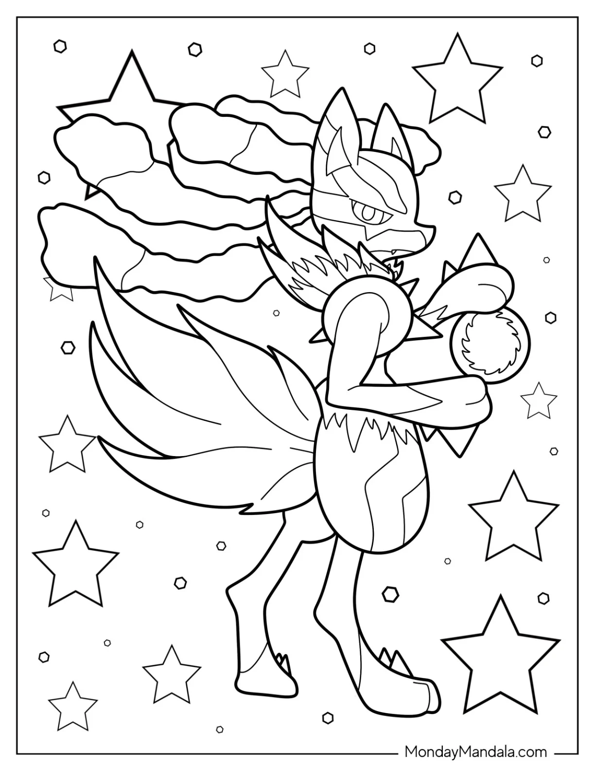 Mega Lucario Coloring Page Holding Aura Sphere coloring page