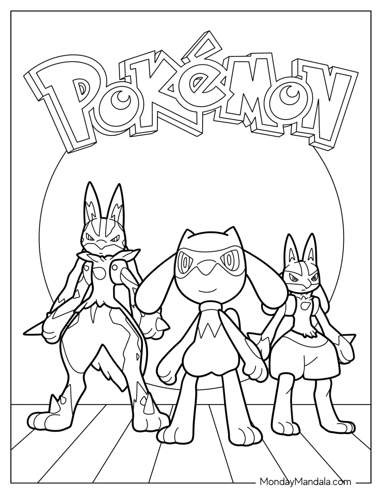 Riolu With Lucario And Mega Lucario Coloring Page coloring page — printable line art